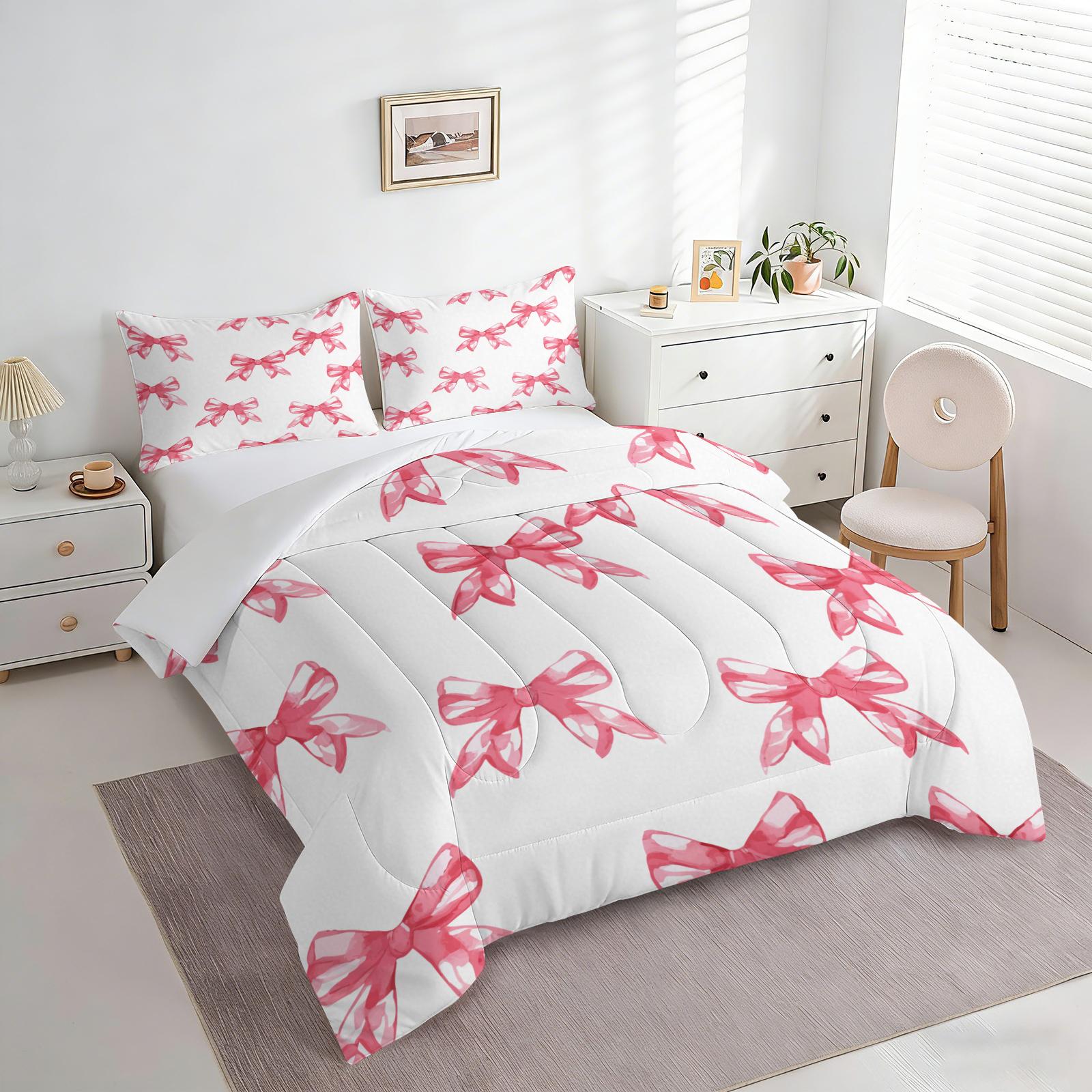 2/3Pcs Black Bow Print Comforter Set, Soft Microfiber Bedding Set with Pillowcases, Coquette Aesthetic Quilt, All Season Lightweight Digital Printed Bed Set for Girls Teens Bedroom Decor
