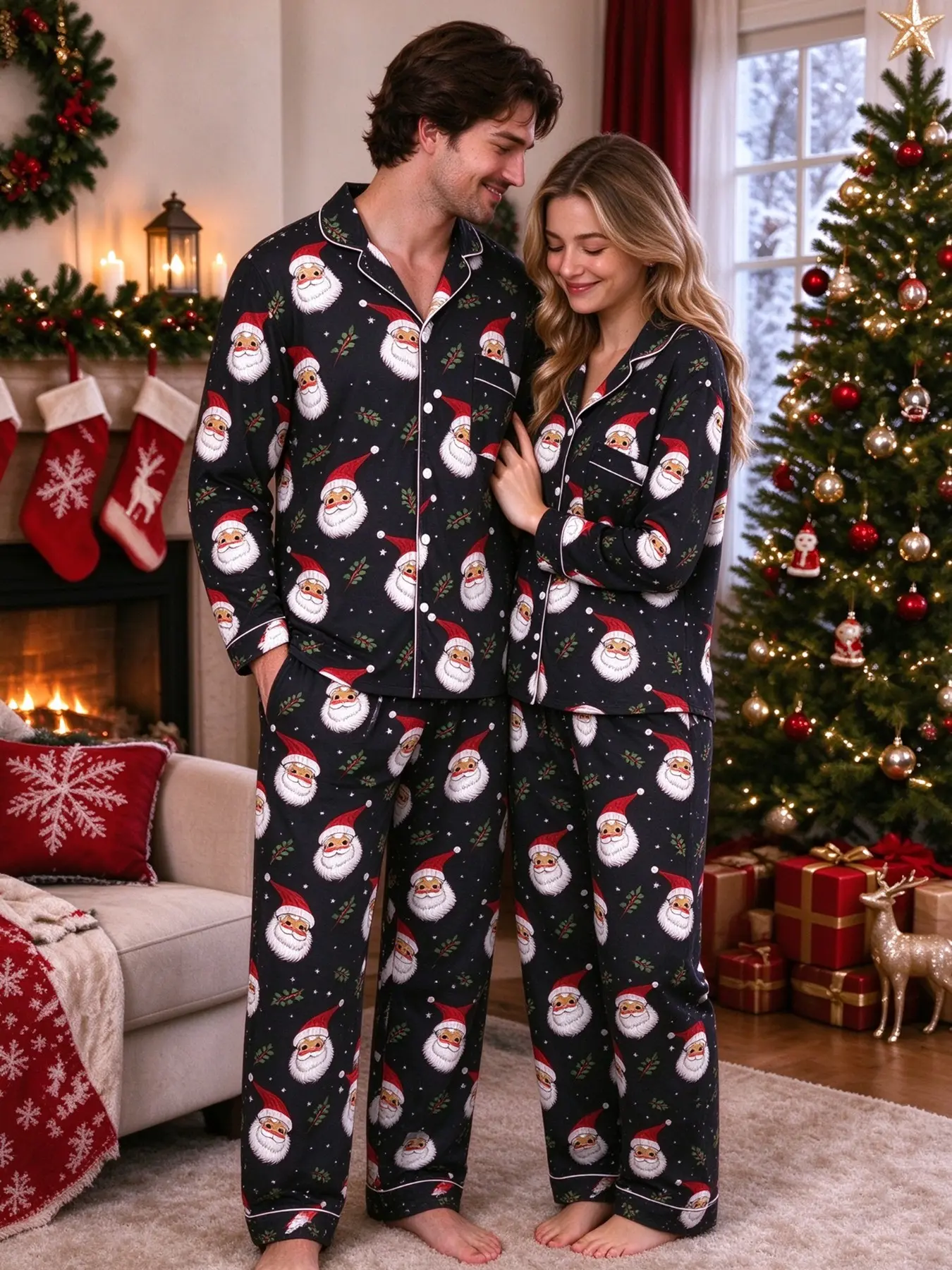 Christmas Print Couple Pajama Set, Breathable Long Sleeve Two-Piece, Home Sleep Festival Party, Couples' Lounge Wear
