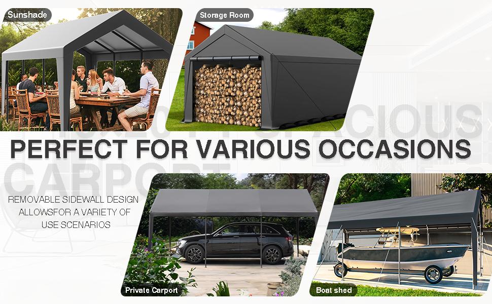 【TWO USES】Carport,10x20ft Heavy Duty Car Port,Portable Garage with Removable Sidewalls & Doors,Car Canopy with All-Season Tarp for Car Boat Truck Party