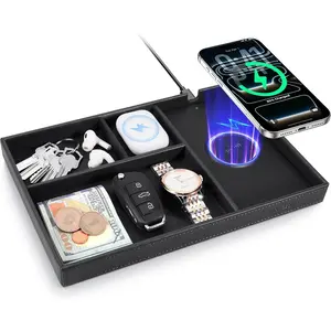 Valet Tray, Built-in  Chargers, PU Leather Nightstand Organizer, Desk Bedside  Organizer Tray for Men Women, EDC Catchall Trays for , Watch, Phone, , Black