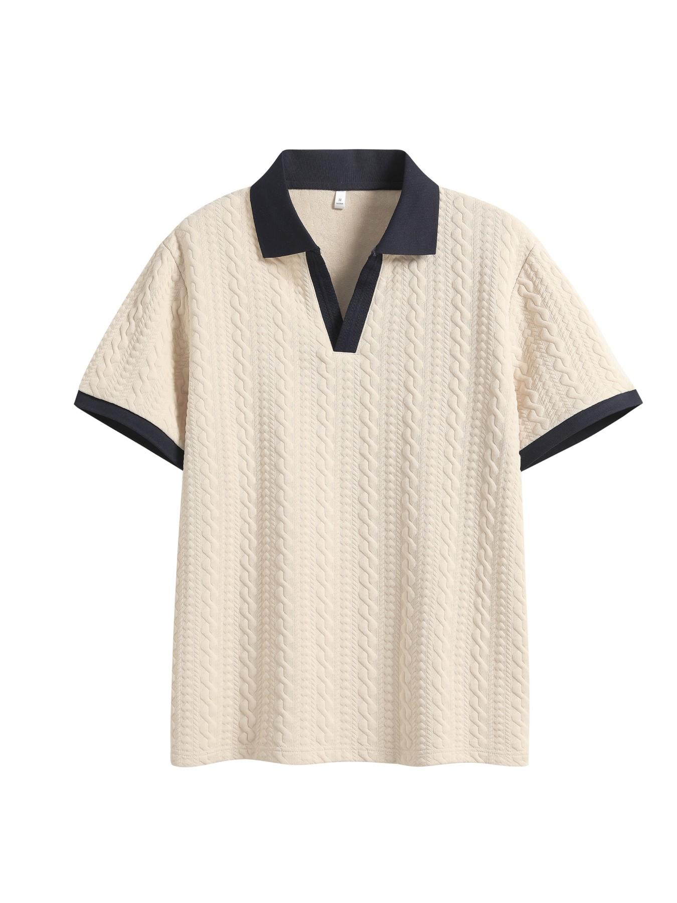 Men's Retro Colorblock Polo Shirt, Textured V Neck Short Sleeve Top, Casual Street Style, Summer Fashion, Fitted Leisurewear