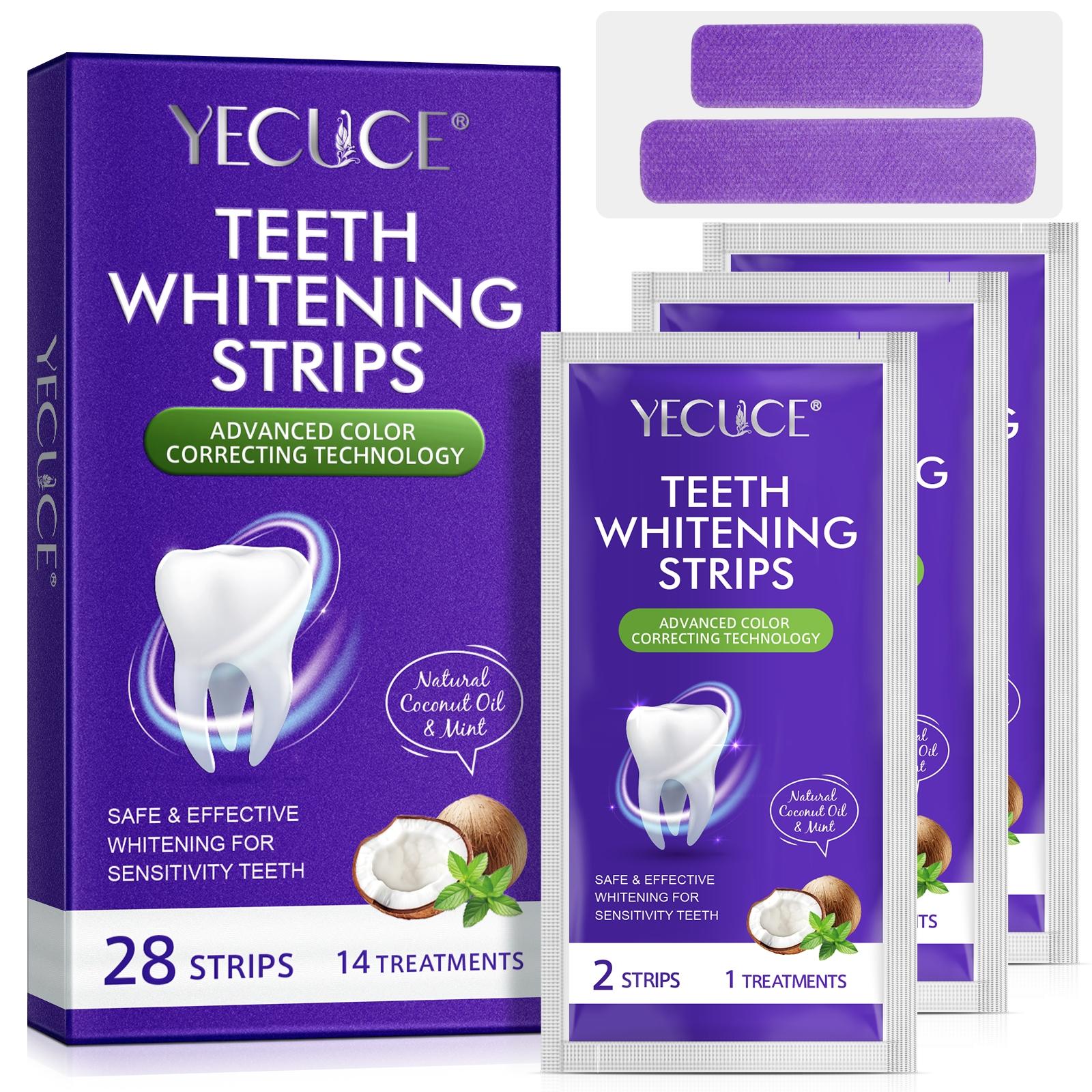 YECUCE Purple Teeth Whitening Strips contain natural coconut oil and peppermint. Advanced color correction improves yellowing teeth, breaks down stains, and eliminates tooth sensitivity. 14 strips/box Teeth Brightening Strips
