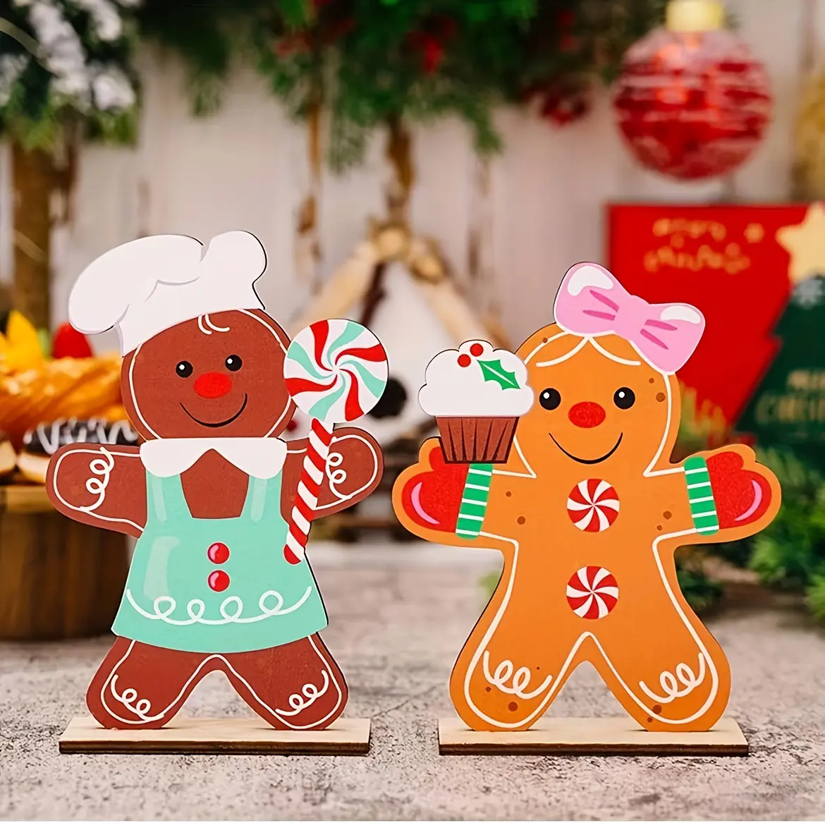 2 Piece Gingerbread Man Wooden Desktop Decor, Christmas Cupcake Shape, Fireplace Shelf Kitchen Holiday Party Decoration