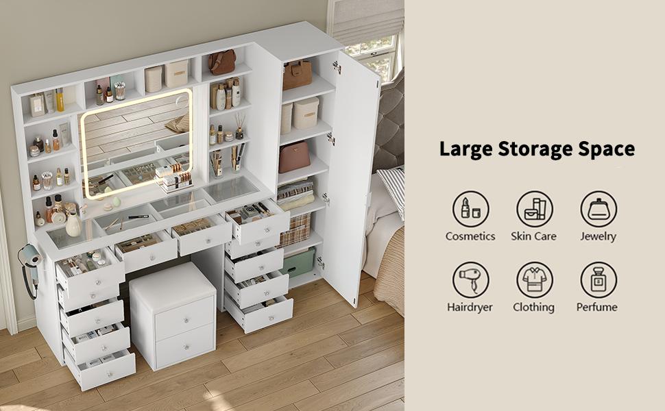 [Shipping by 3 Packages] FUSOU 2-in-1 Vanity Desk Full Length Mirror & LED Mirror with Power Outlet, Makeup Vanity 14 Drawers & 10 Shelves, Hidden Storage Capacity, Dimmable & 3 Color Lighting Dressing Table for Bedroom, White,Shipping by 3 Packages