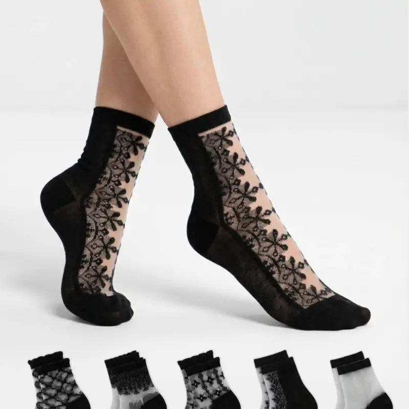10 Pairs Random of Women's Retro Lace-Print Sheer Knee-High Socks—Stylish, casual, comfortable, and breathable for all seasons, perfect for everyday wear