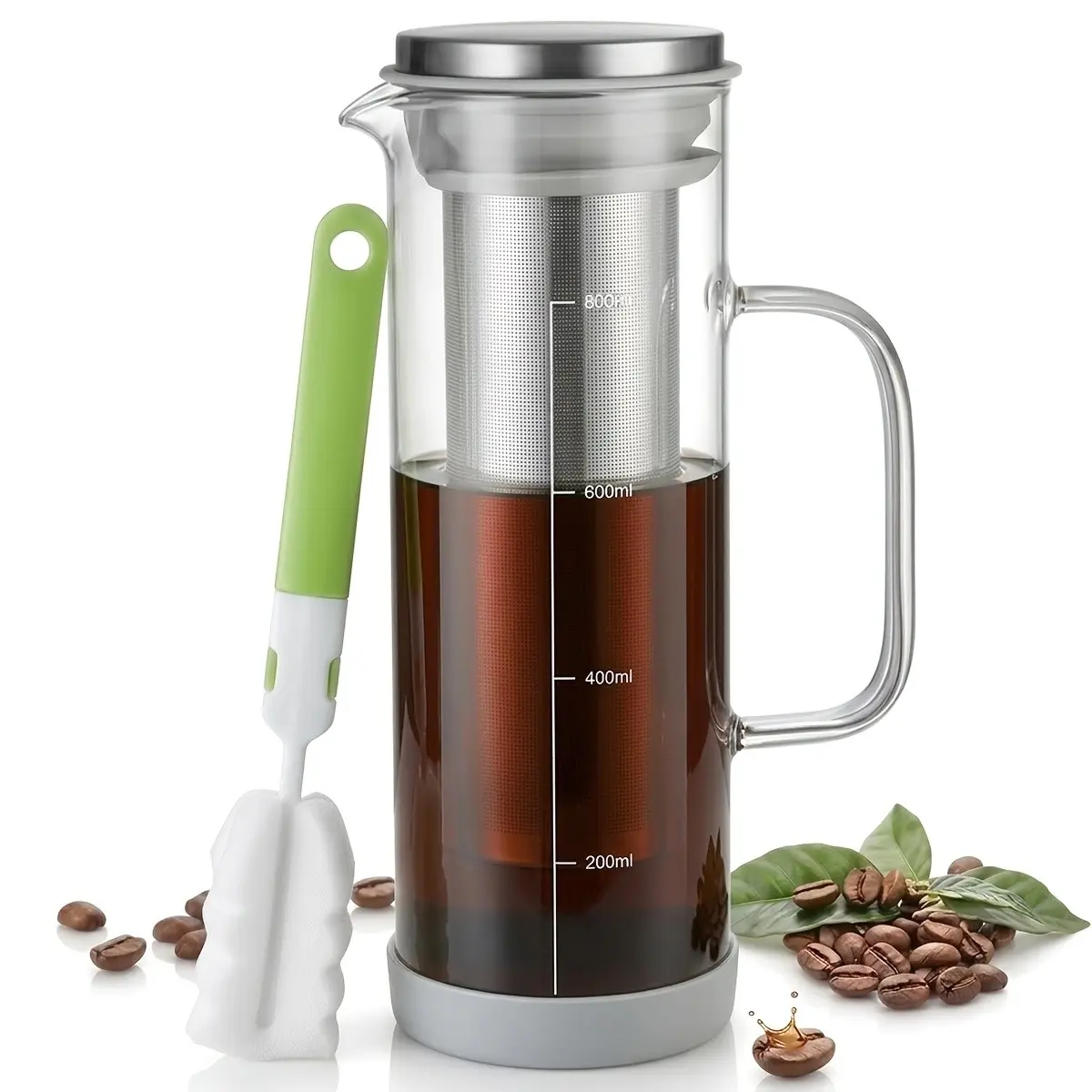 Cold Brew Coffee Maker with Stainless Steel Filter, Airtight Glass Pitcher, Cleaning Brush, Office & Outdoor Use, Cold Tea Brewing