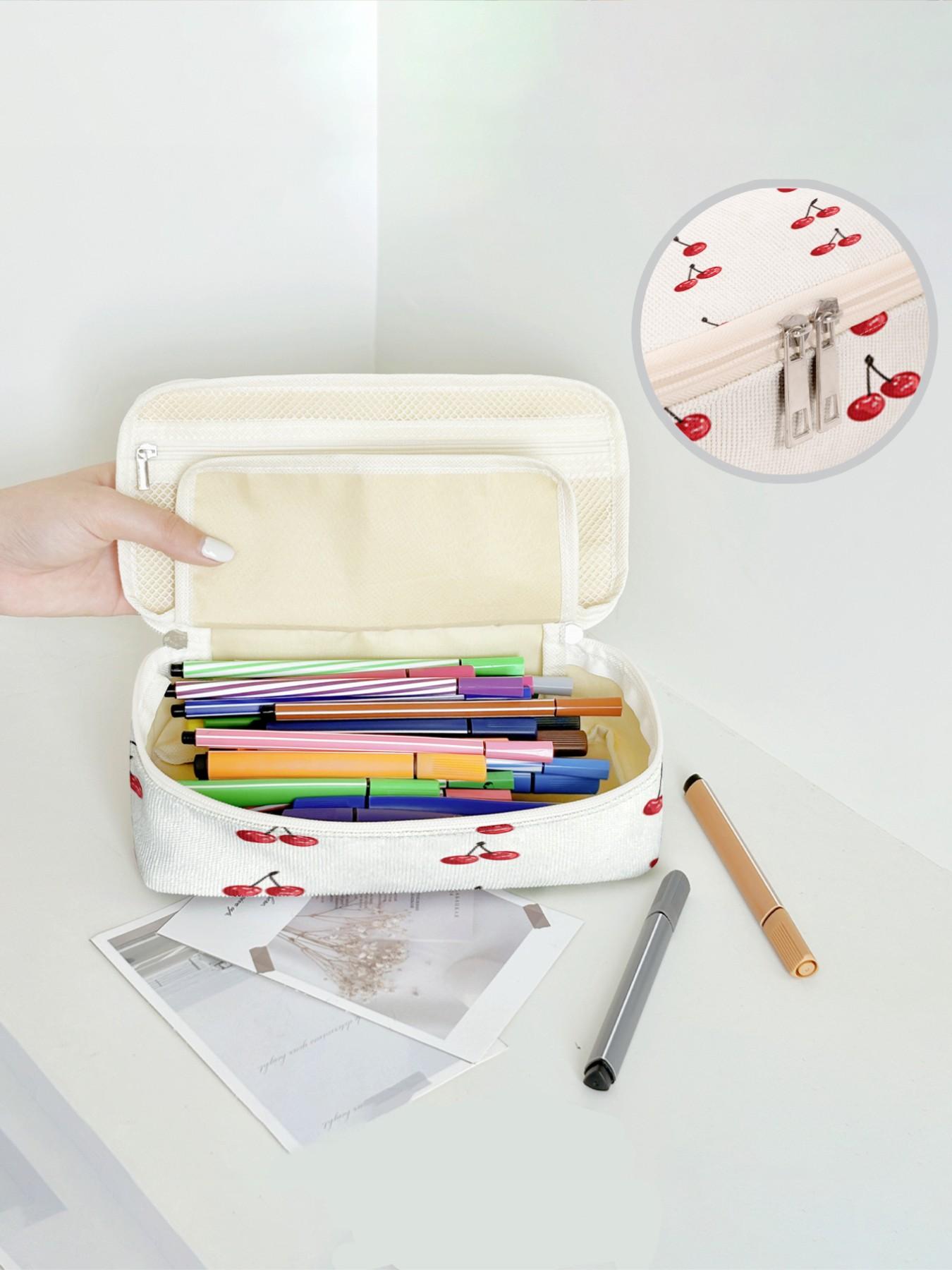 Cherry Pattern Large Capacity Pencil Case, Durable Multi-Functional Storage Bag, Portable Zipper Box for School Office Study Supplies