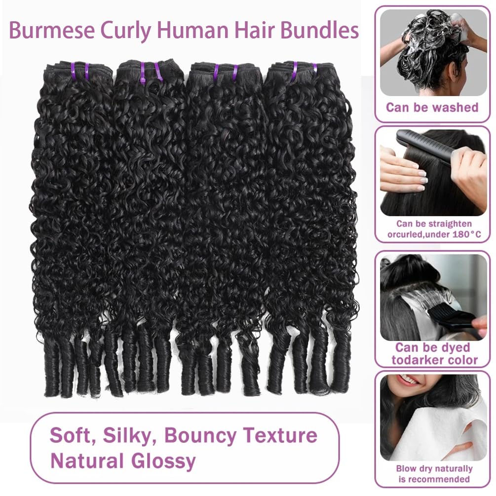 Karlami Burmese Curly Human Hair Bundles with Twist Out Ends Unprocessed Brazilian Virgin Hair Spiral Curls Human Hair Quick Weave Extensions Natural Black