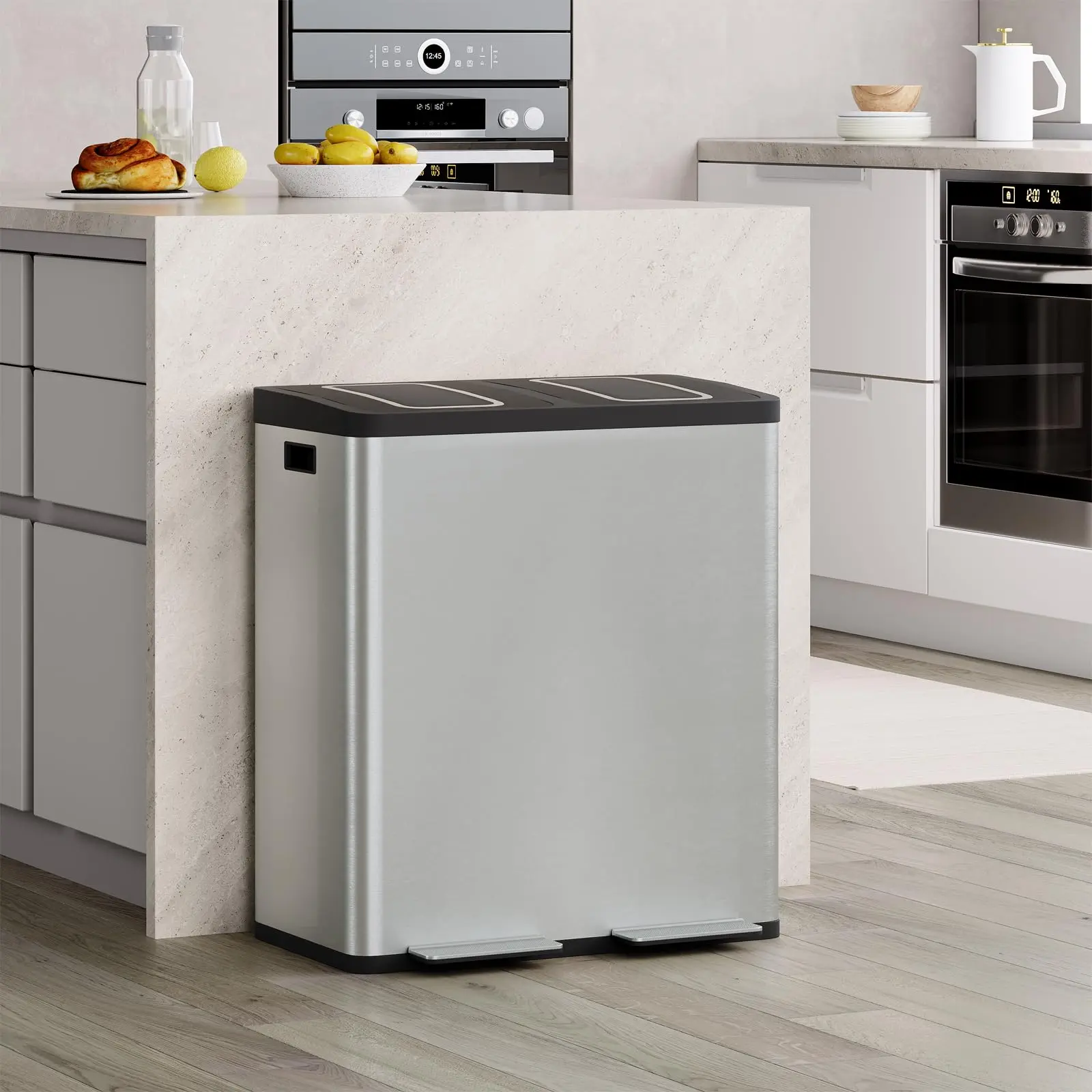 21 Gallon (80L) Dual Compartment Kitchen Bin with Hands-Free Step Pedal, Soft-Close Lid, Stainless Steel Design, Inner Buckets, Hinged Lids, Airtight Silver Recycling Container