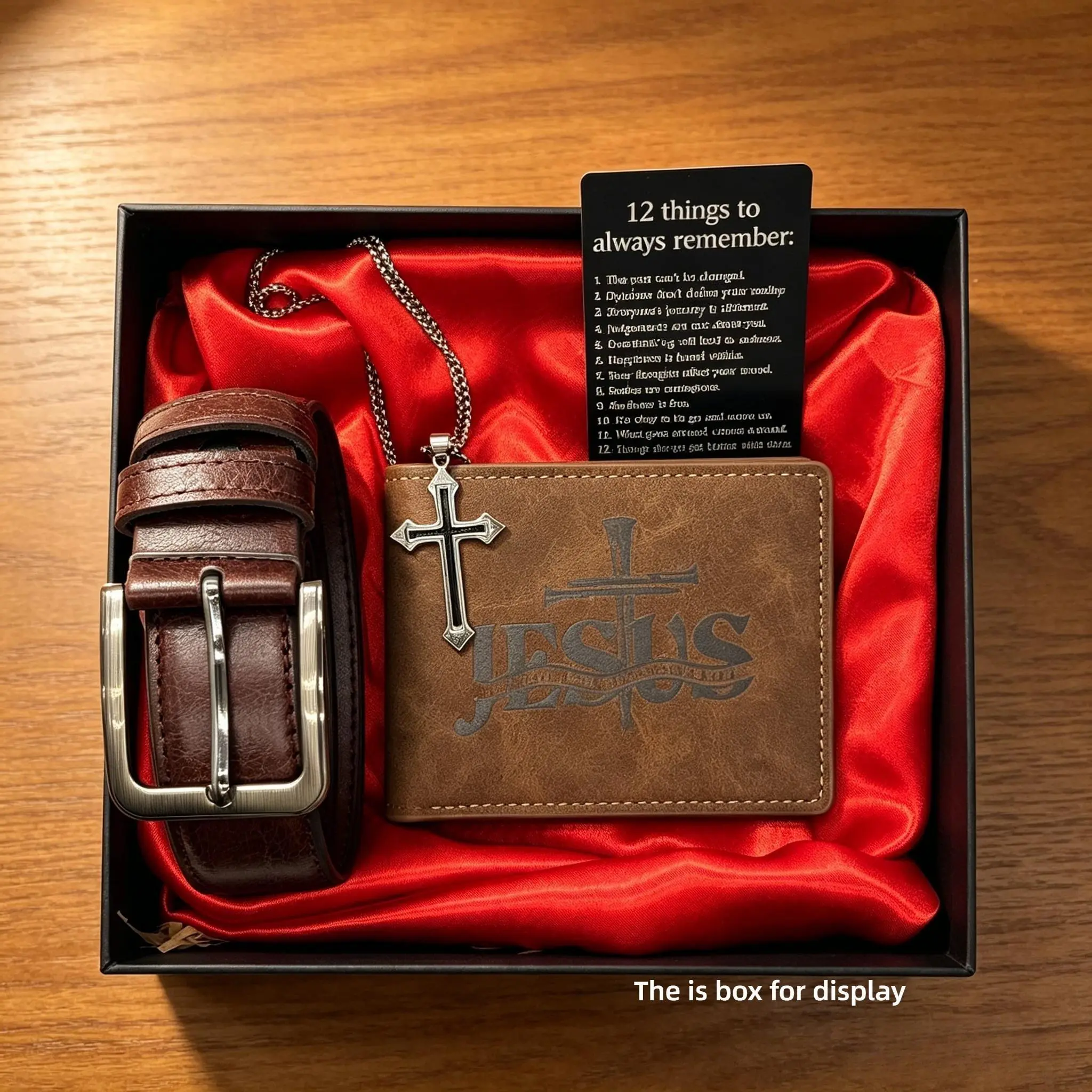 4-PCS-Men's Vintage Brown Jesus Nail Cross Engraved Leather Gift Set - Leather Belt with Anti-Rust Buckle, Bifold Wallet, Cross Pendant Necklace - Boxed Faith Gift with Encouragement Card for Christian Men, Faith Gifts