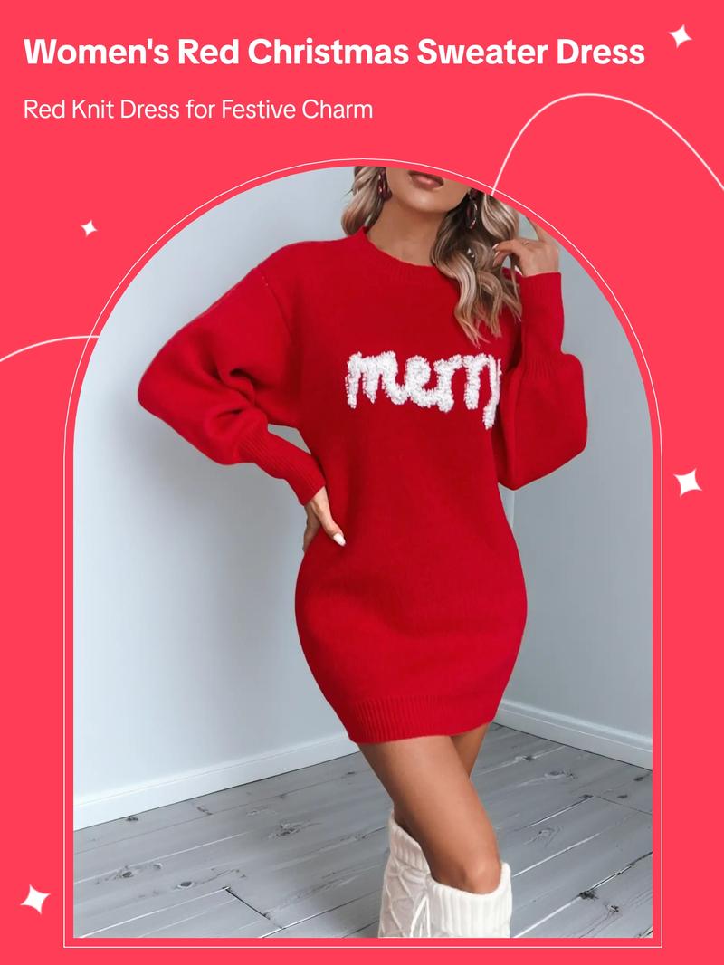 Women's Christmas Letter Print Drop Shoulder Sweater Dress, Casual Long Sleeve Round Neck Jumper Dress&nbsp;for Daily Outdoor Wear, Women Knitwear for Fall & Winter
