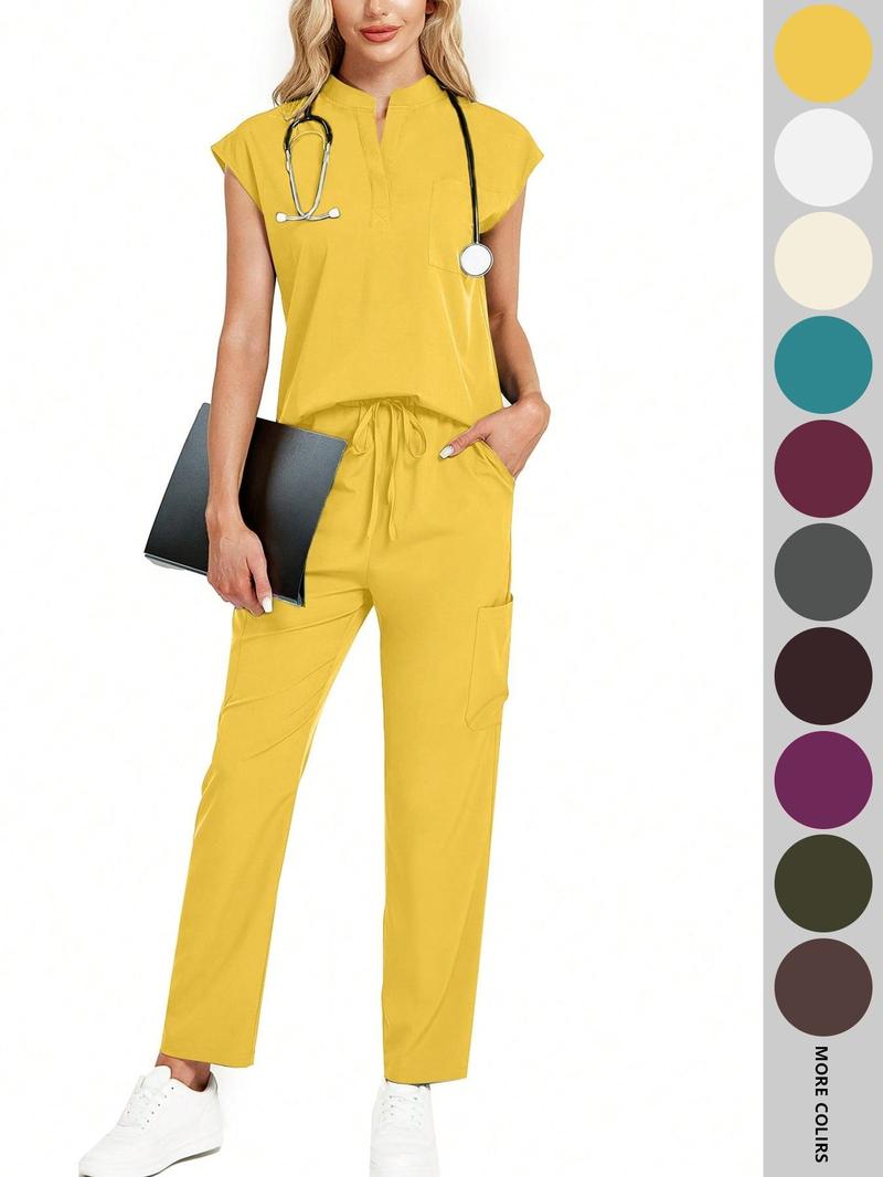 Cimmuovere Women's Solid Notched Neck Batwing Sleeve Top & Drawstring Waist Pants Two-Piece Scrub Set, Casual Cap Sleeve Top & Pocket Trousers for Summer, Vital Scrub Top, Women's Uniforms for Work, Medical Scrub Sets