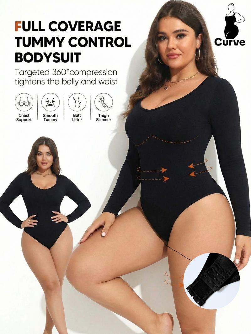 PLUS SIZE Women's Ribbed Abdominal Control Bodysuit,With Snap Crotch Long Sleeve Round Neck Unitard, Sporty Style, Yoga Dance Shapaewear,uitable for Badminton, Fitness, Outdoor Sports