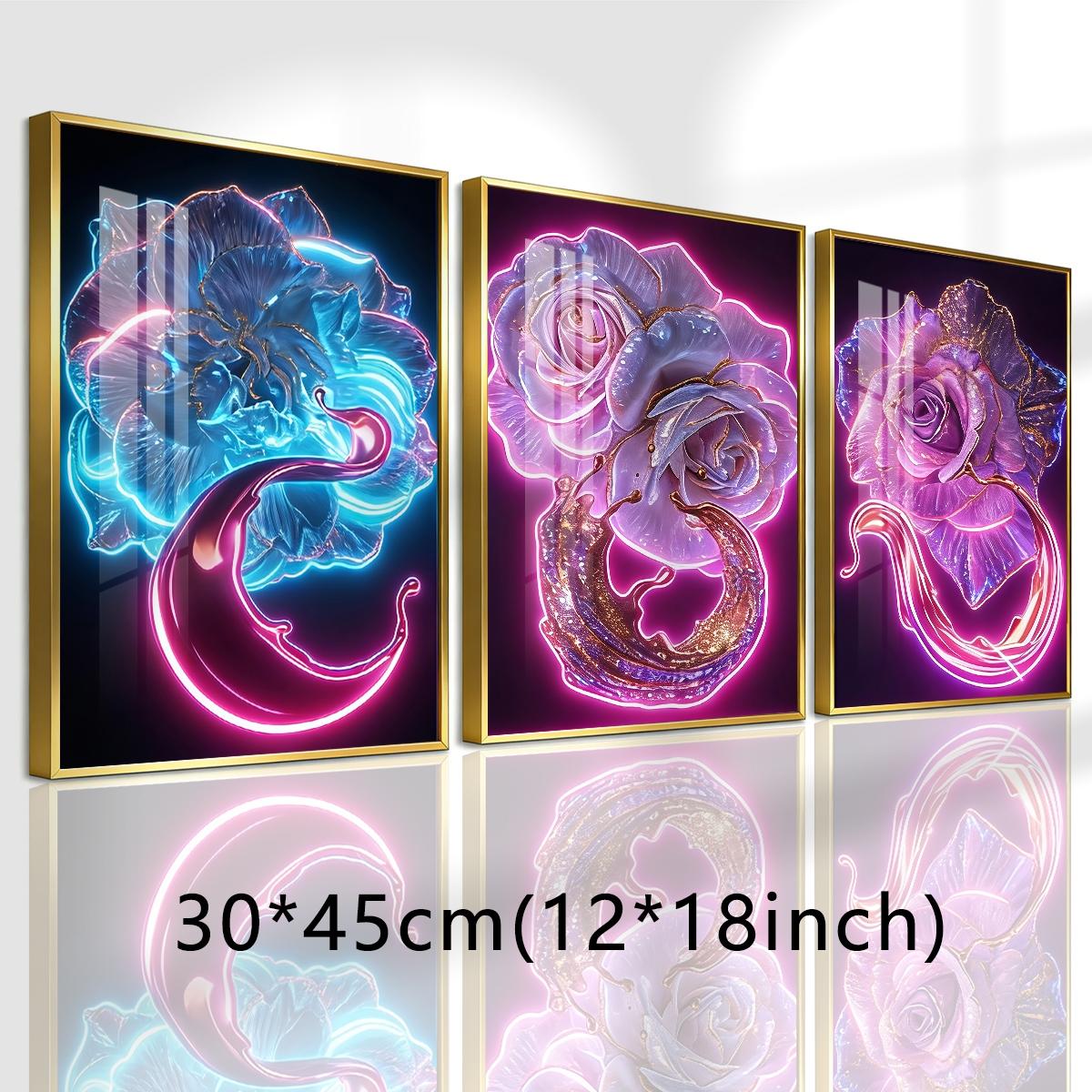 3 Counts Aluminum Alloy Framed Painting, Neon Glowing Roses And Petals Pictures, Home Decoration For Living Room, Bedroom, Office, Restaurant, Hallway Wall Decor, Odorless Print Artwork, Luxury Perfect Gift For Friends And Family