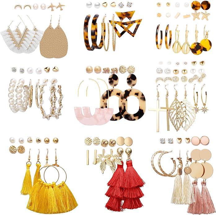 61 Pairs Earrings Funtopia for Women Girls, Funtopia Fashion Tassel Earrings Acrylic Hoop Stud Drop Dangle Earrings for Birthday Party Gift, Assorted Styles and Colors