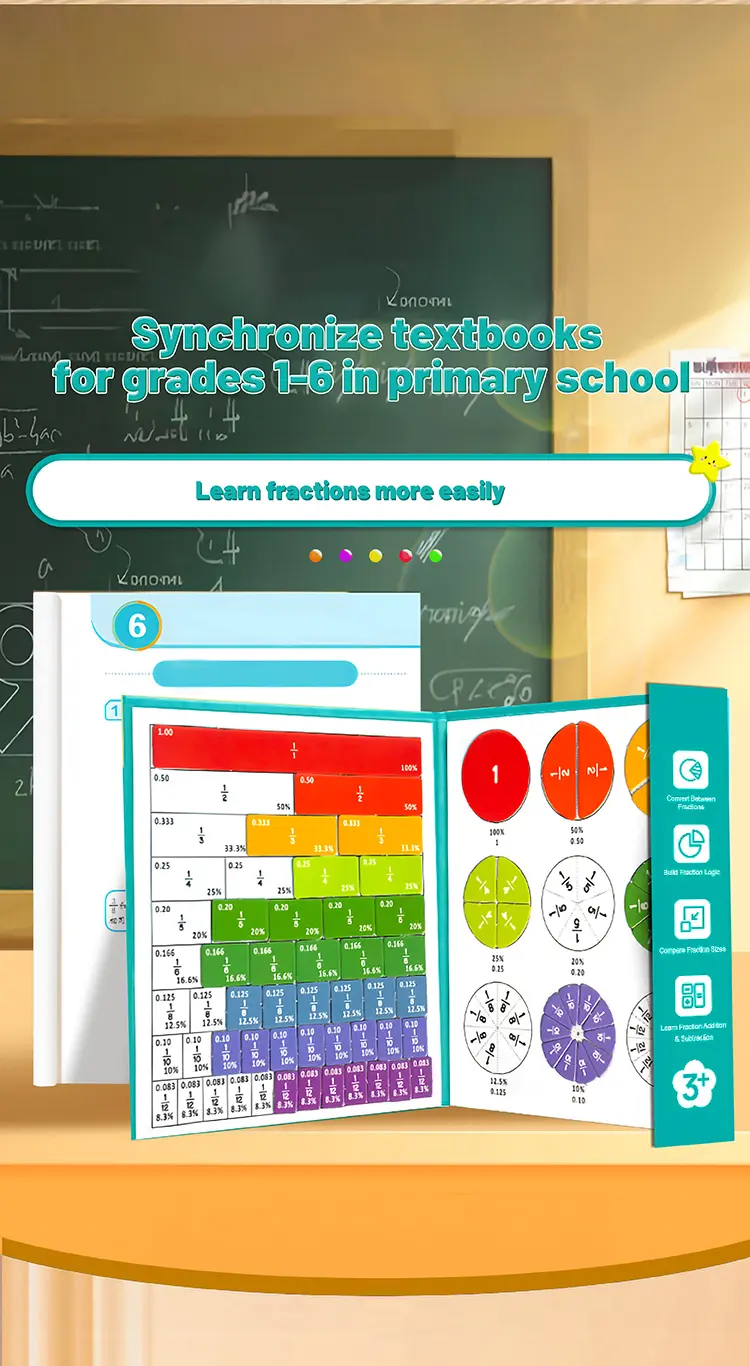 Magnetic Fraction Demonstration Book - Durable Material STEM Math Manipulative Montessori Toy for Ages 6+, Classrooms Homeschool Visual Aid with Addition-Subtraction Support, Birthday Gift for Boosting Confidence