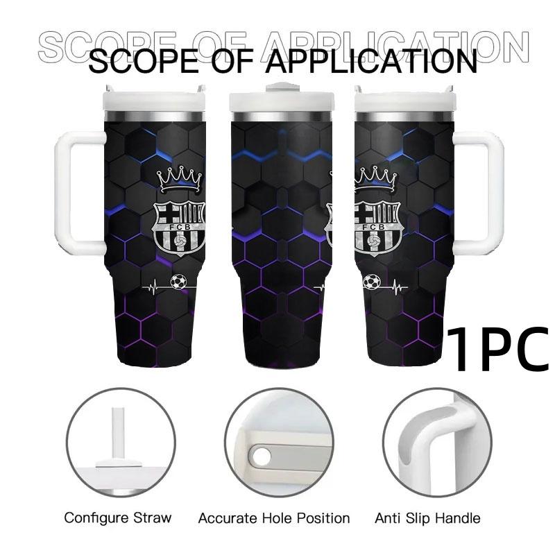 1pc Barcelona Logo Honeycomb Stainless Steel Car Cup, Non-Slip Handle, Large Capacity Water Bottle, Football Theme, 40oz Insulated Cup with Straw