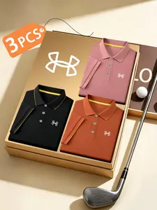 Men's Luxury Golf Polo Shirt Set, 3-Pack, Logo Print, Collared, Stretchy, Breathable, All-Season, Comfortable, Durable, High-End Polo Shirts