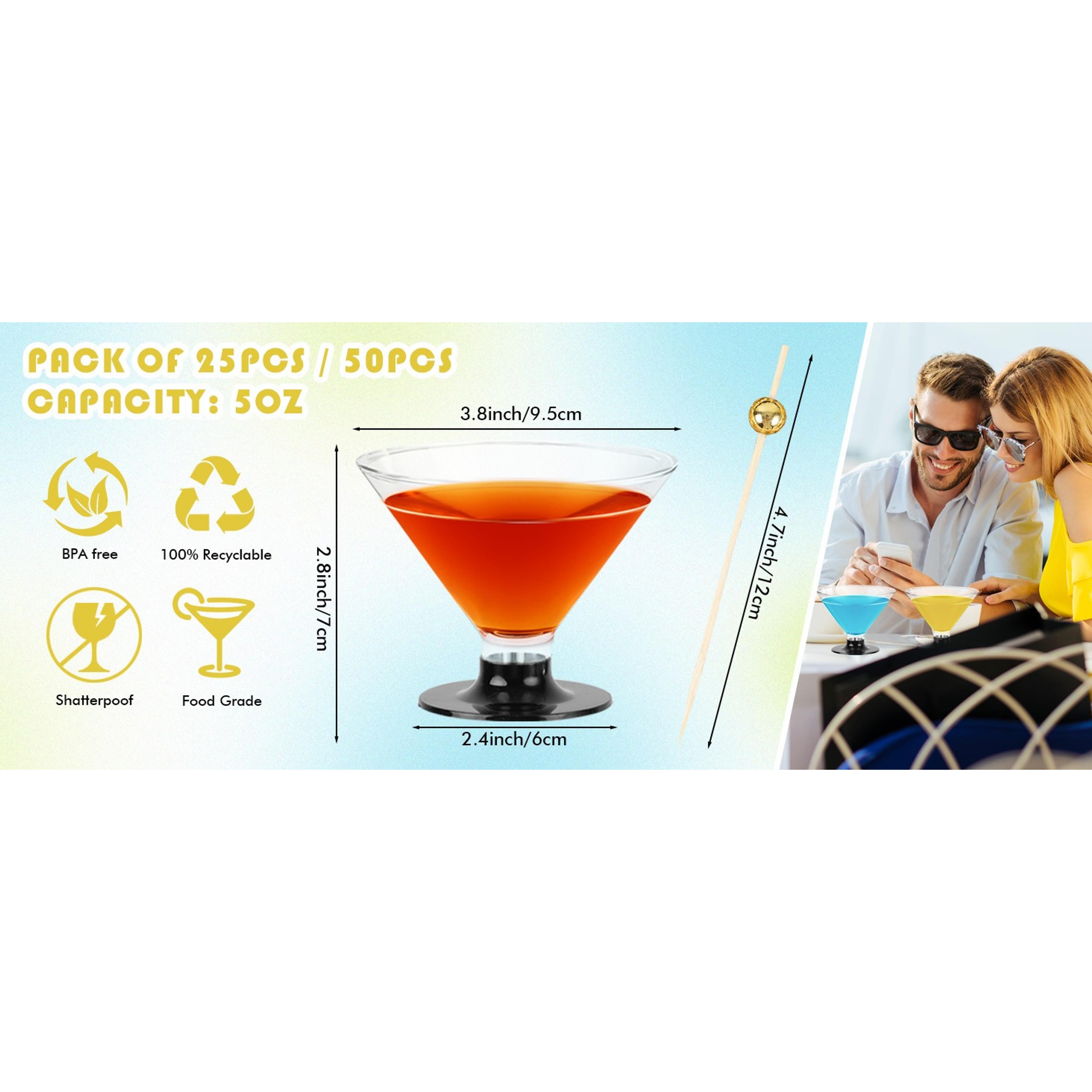 25 PCS plastic Disposable Martini Glasses, Stemless Martini Glasses for Birthday Party, Disposable Cocktail Cups for parties, 5oz Clear Margarita Cups Bulk for Holiday Weddings, Transparent Base