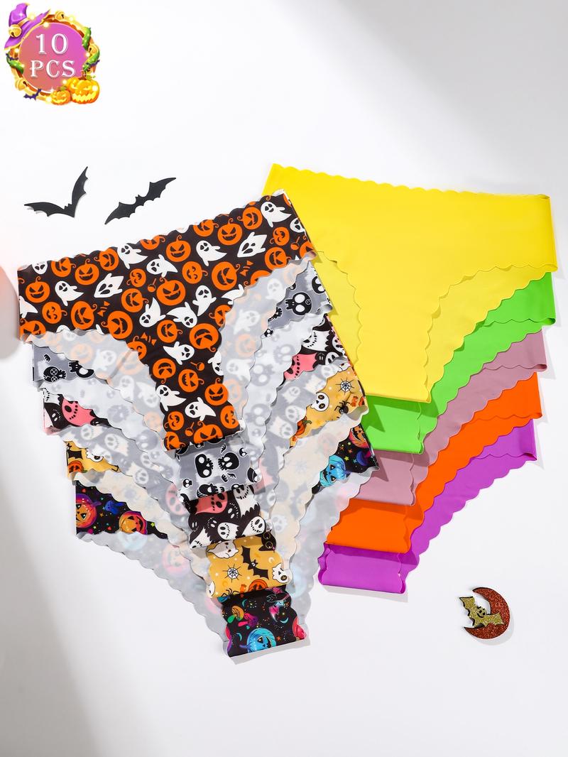 5/7/10 pieces set, Underwear sets, Halloween themed wavy edge women's panties with pumpkin skull all-over print triangle underwear, slim fit, comfortable, suitable for festivals and daily wear in all seasons
