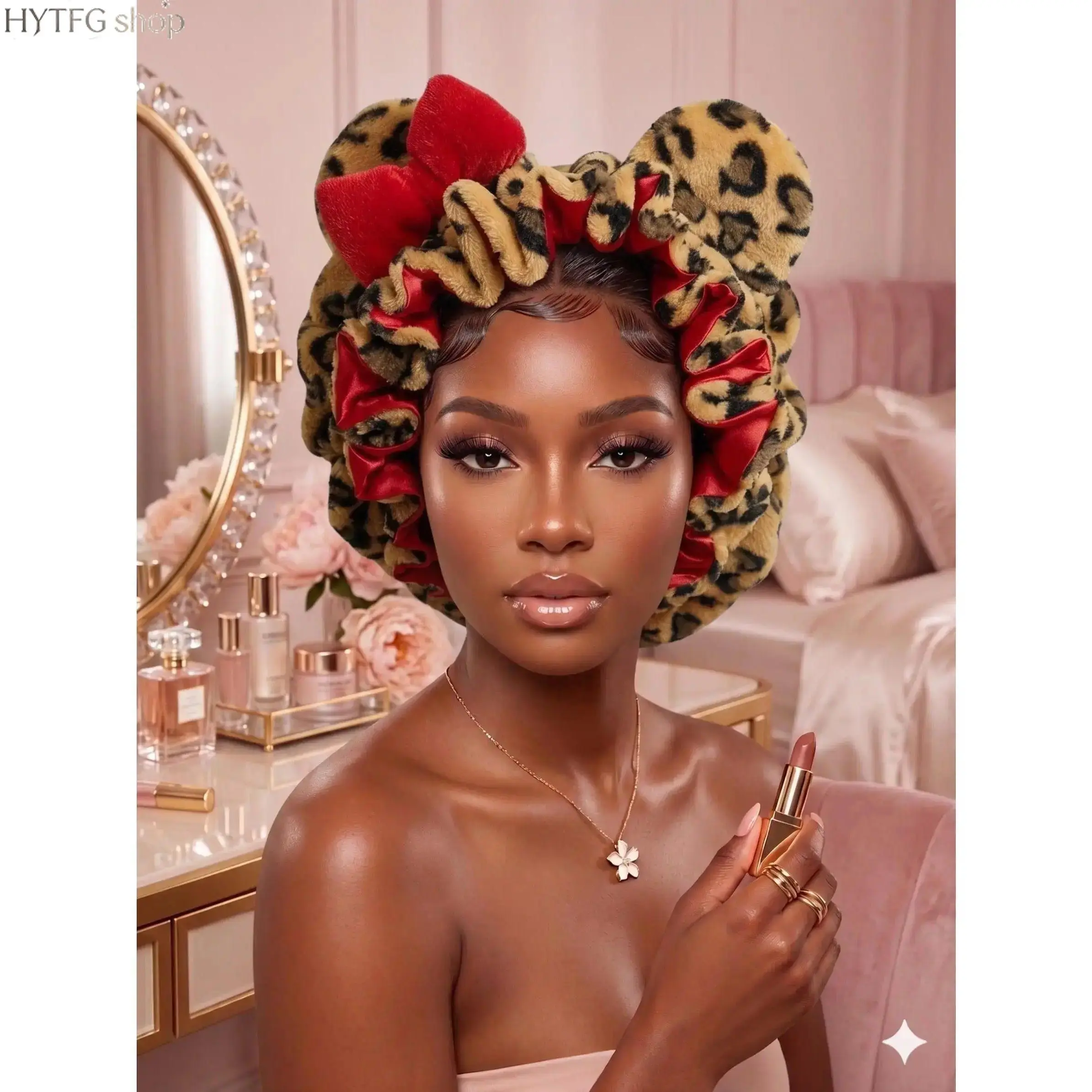 Women's Plush + Satin Double-Layer Lined Sleep Bonnet with Elastic Band, Roomy Fit, Cute Animal Ears & Bow, Curly Hair Hydrating Protection Nightcap for Home Use