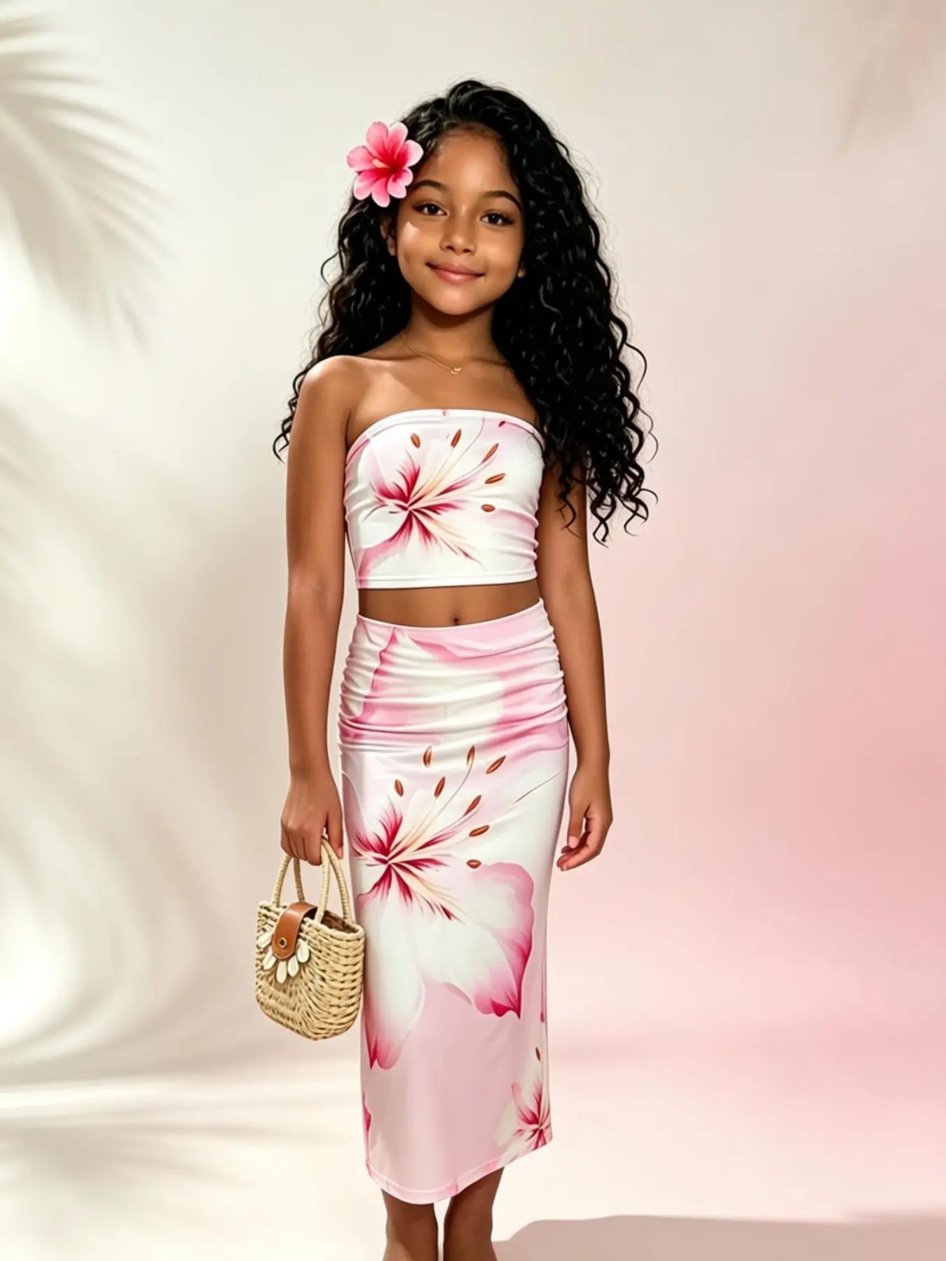 Girls' 2-Piece Set, Gradient Floral Hibiscus Print Crop Top & Pleated Skirt, Cute Tropical Style, Breathable Fabric, Beach