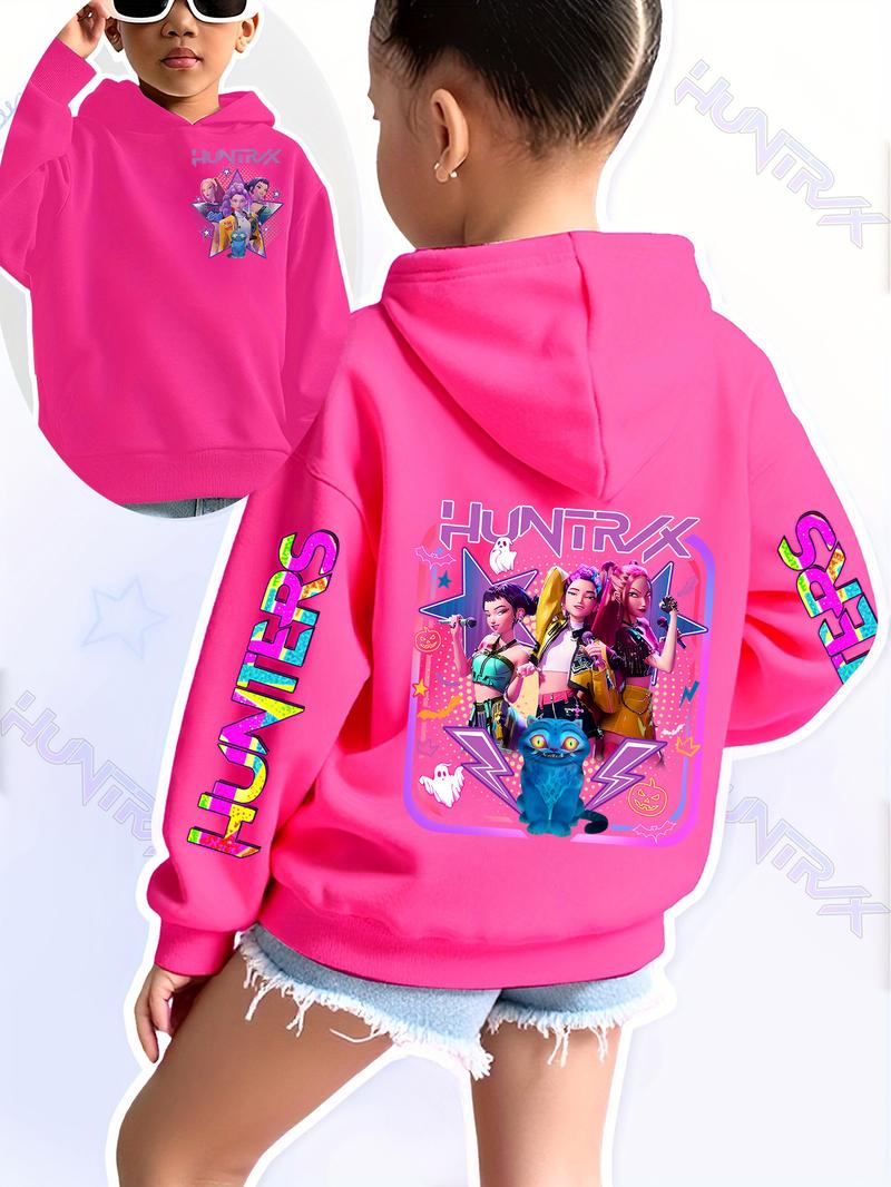 Girls' Kpop Demon Hunters Hoodie, Star Character & Cute Pet Print, Graphic Casual Hoodie, Casual Fitted Sweatshirt, Spring & Fall Elastic Fabric, Christmas Gift