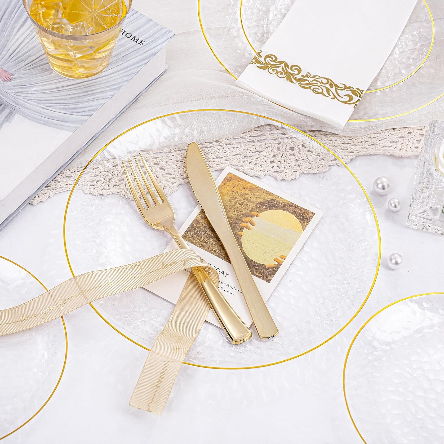 Gold/Blue/Pink/Yellow/Green Disposable Plates and Silverware Set: Dinner Plates,Dessert Plates, Cups,Napkins,Knife, forks, spoons 25 for each kind-Perfect for Party