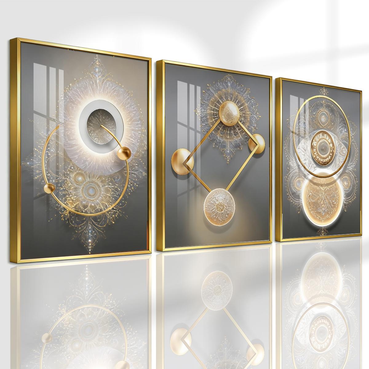 3 Counts Aluminum Alloy Framed Painting, Golden Abstract Geometry Light Art, Home Decoration For Living Room, Bedroom, Office, Restaurant, Hallway Wall Decor, Odorless Print Artwork, Luxury Perfect Gift For Friends And Family