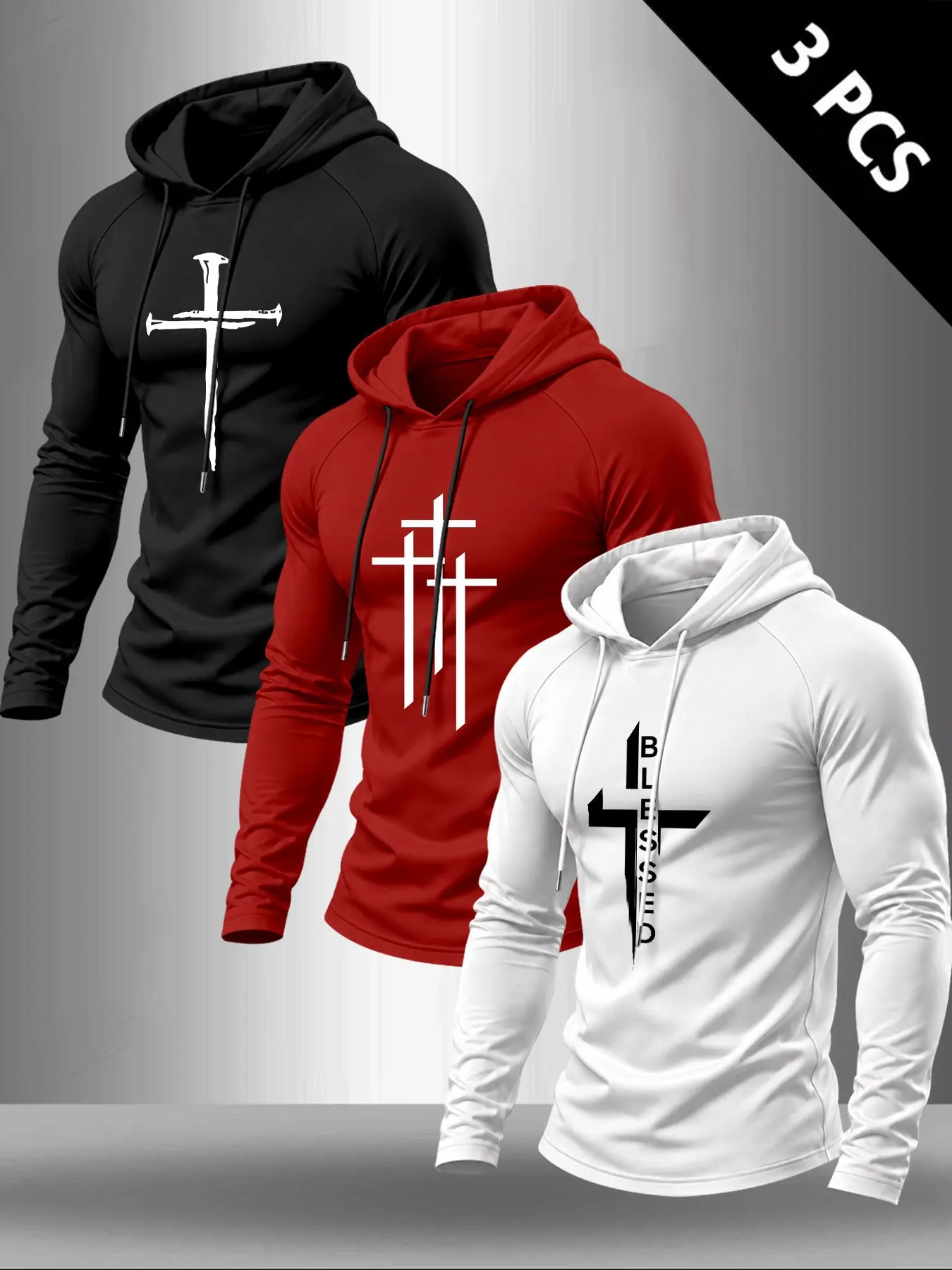 Bestseller 3Pcs Men Athletic Hooded Pullovers, Religious Cross Pattern Print, Fitted Sport Tops, Sportswear For Workout Training, Running And Casual Daily Outfit#MensSportswear #CrossPrint #FitnessOutfit #GymEssentials #MensOOTD #FaithFashion