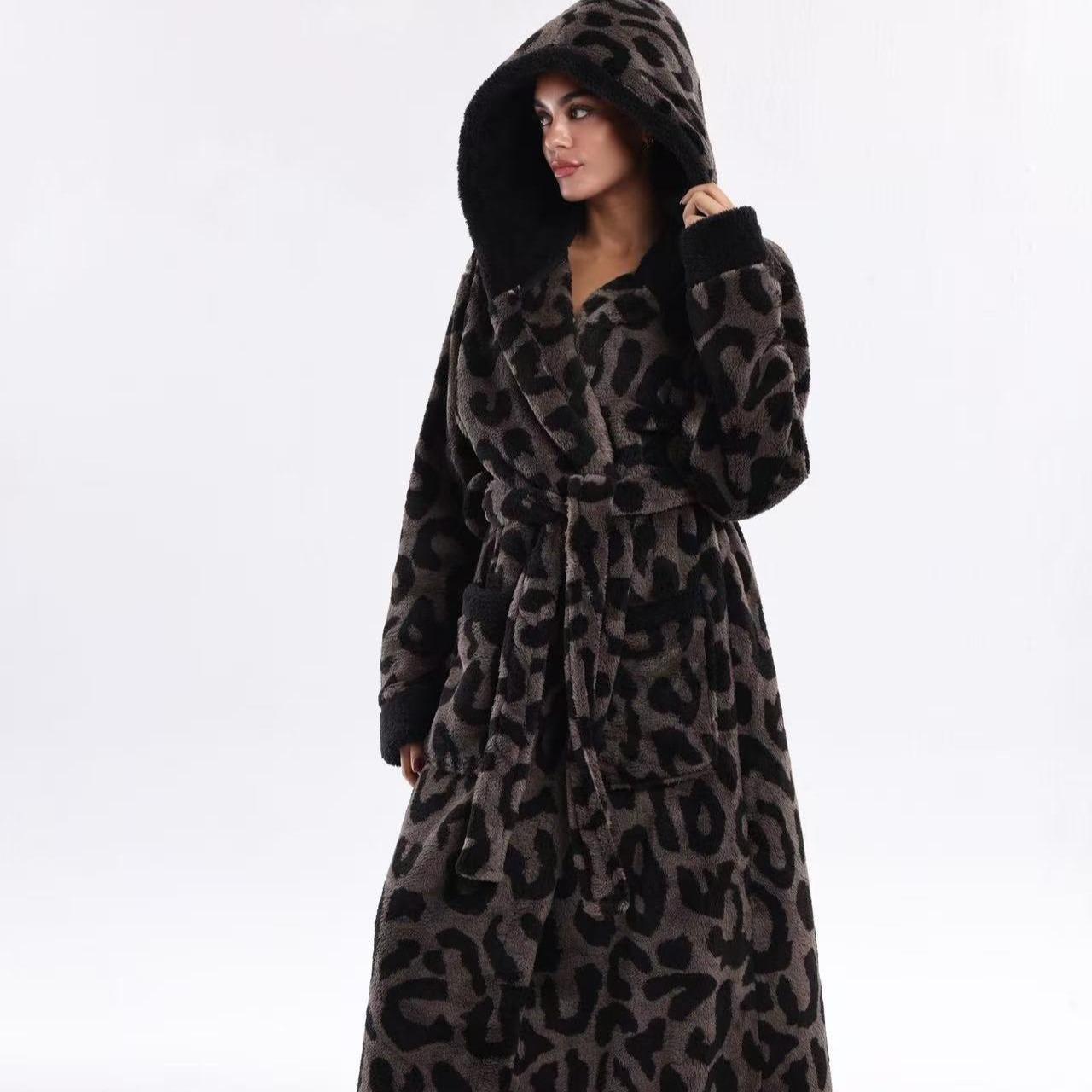 European Elegant Coffee Leopard Print Flannel Bathrobe Loungewear Nightwear, Hooded with Belt and Pockets, Unisex Fit, Soft and Comfortable