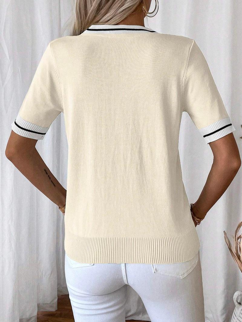 Women's Colorblock Striped Shortsleeve Vneck Knit Top, Casual Elegant Classy Fashion Chic Fitted Short Sleeve Top for Summer, Ladies Clothes for Daily Wear, Womenswear, Knitwear, Breathable Top, Casual Breathable Elegance