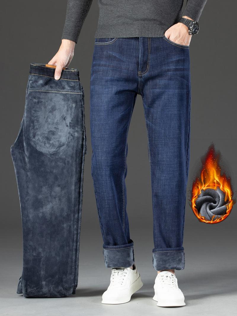 Men's Thickened Winter Fleece Plain Button High Waisted Jeans, Loose Straight Leg High Waist Casual Elastic Pants, Warm Long Denim Trousers for Fall & Winter