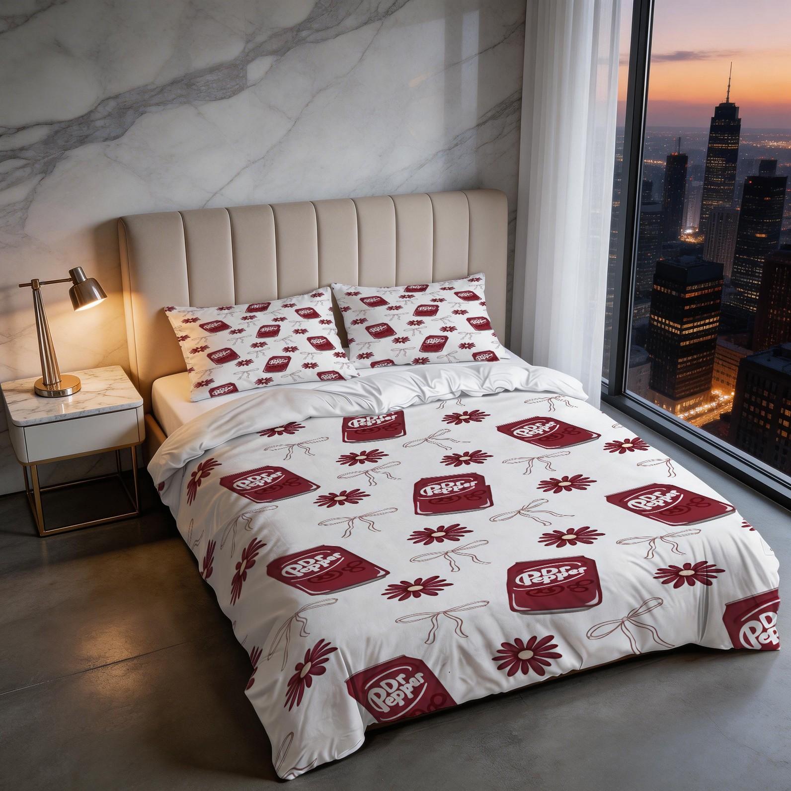 2/3 Piece Dr Pepper Duvet Cover Set, 1 Duvet Cover + 1/2 Pillowcases (NO FILLING INCLUDED), Retro Soda Drink Themed Bedding, Cute Floral Bedroom Decor for Soda Lovers, Ideal Gift for Dr Pepper Fans