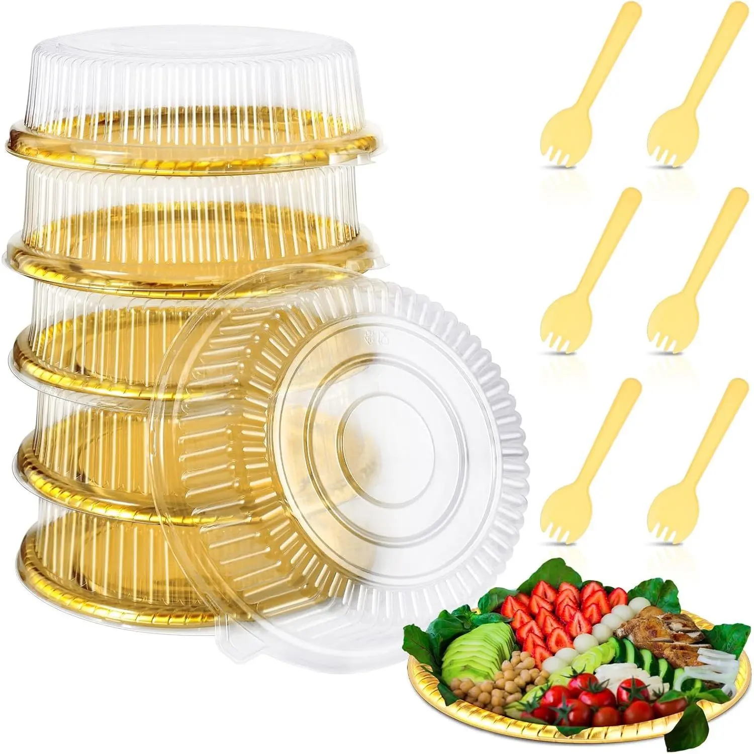 Disposable 6-Pack 12-Inch Round Lightweight Heavy-Duty Plastic Serving Platters with Lids, Sporks, Fruit Trays for Party Catering, Takeout Supplies (Gold, Yellow)