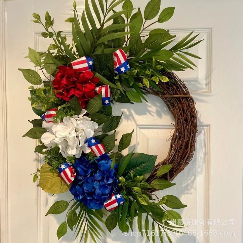 Patriotic Theme Artificial Hydrangea Woven Garland, Blue Hydrangeas with American Flag Design, Rural Cottage Style, Outdoor Decor