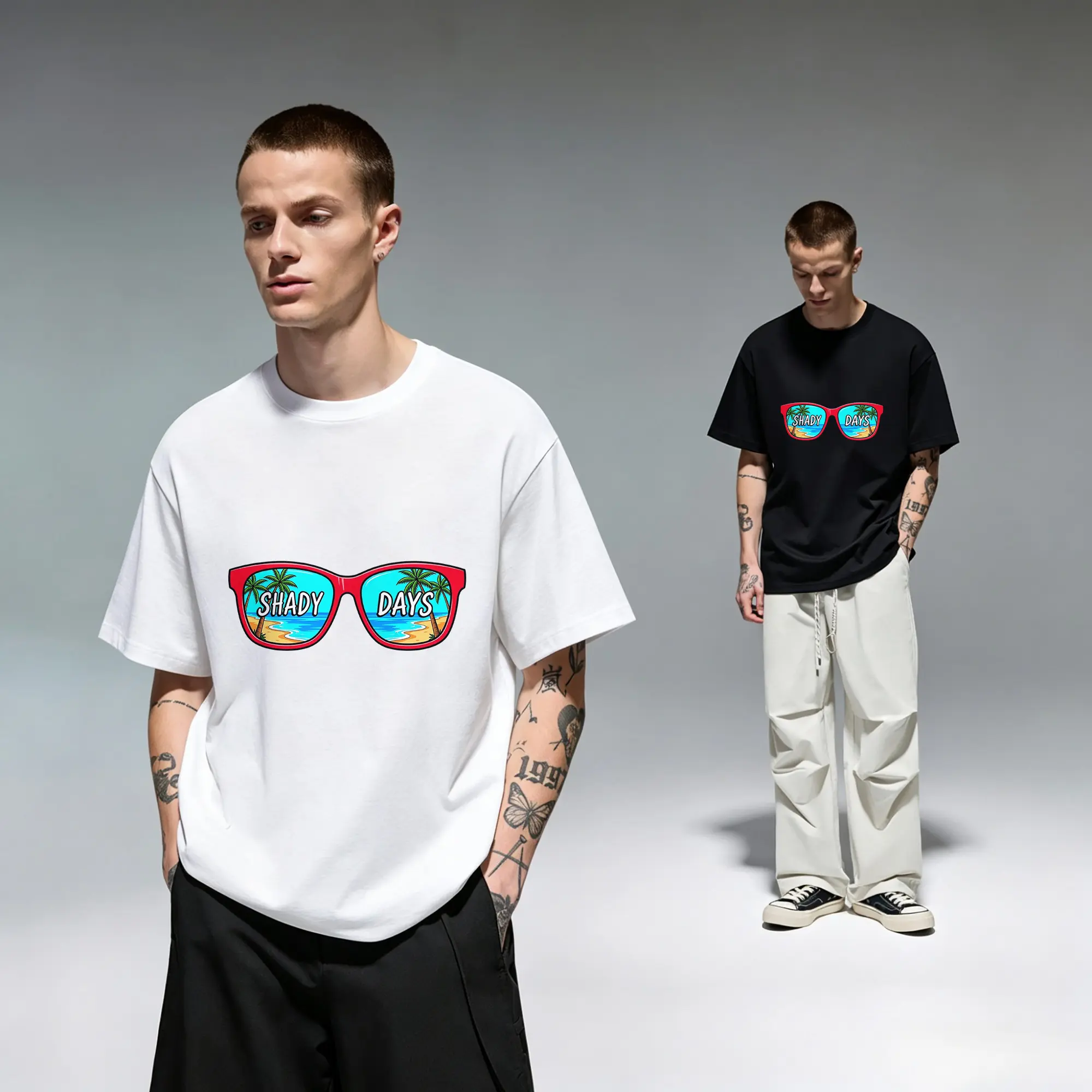 Shady Days Red Sunglasses Tropical Beach Art Original Oversized Cotton Graphic Tee T-Shirt for Men Gift Cutting Ideas Women Summer Vacation Ocean Vibe Chill Aesthetic Road Trip Casual Everyday Wear Trendy Apparel Outfit Top Vacation Style