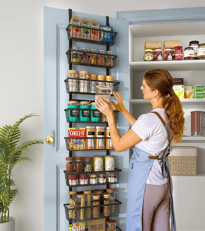 16 Inch Wide Narrow Over The Door Pantry Organizer, Pantry Organization and Storage, Black 8-Tier Metal Hanging Deep Basket Wall Spice Rack Seasoning Shelves, Home & Kitchen Essentials A