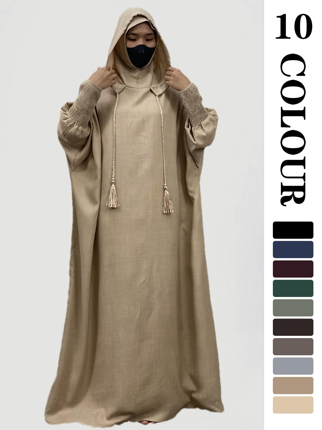 Women's Solid   Hooded   Dress, Casual Long Sleeve Dress for Fall & Winter, Women's Islamic Clothing for Daily Wear, Modesty Muslim Clothing