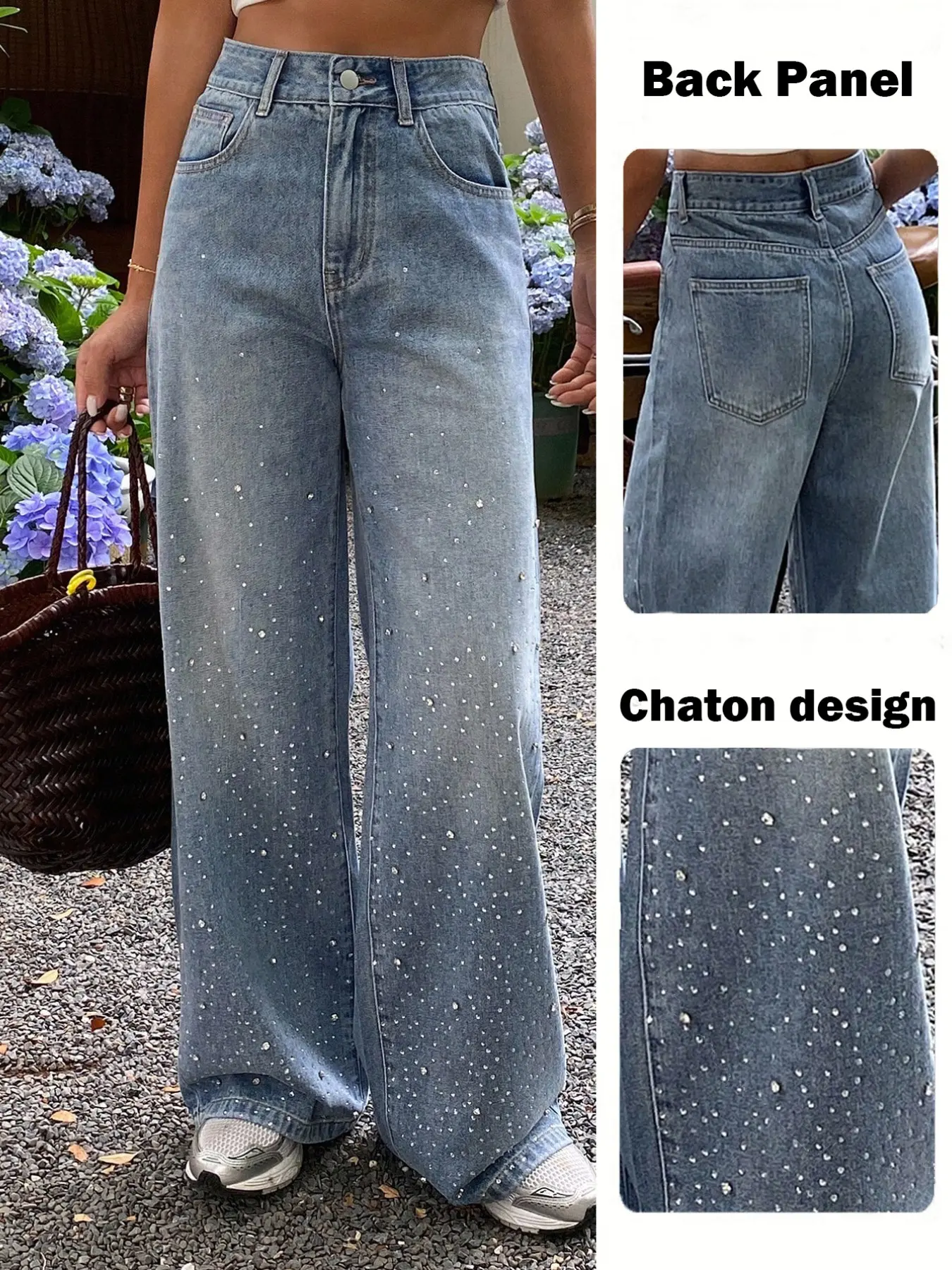 Women's Wide Leg Denim Jeans with Rhinestones, Loose Fit Slimming Light Blue Straight Leg Pants, Fashionable Long Trousers for Women