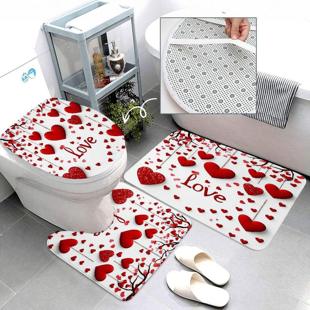 4pcs Romantic Valentine's Day Bathroom Decor Set - Elegant White Shower Curtain with Red and Pink Heart Motif, Adorable Matching Bathroom Mat, Toilet Base Rug, and Lid Cover, Perfect for Creating a Love-Inspired Oasis in Your Home Shower Curtain Sets