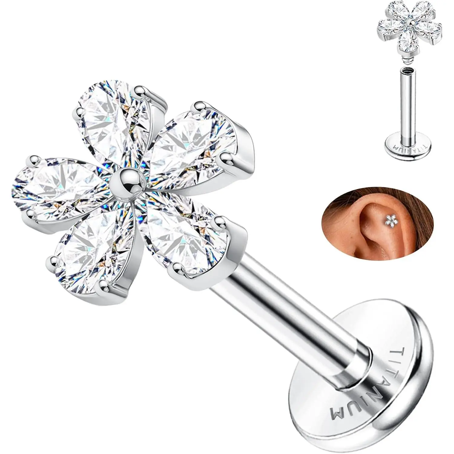 G23 Titanium 16G Tragus   Flat  Cartilage Earrings Helix | Internally Threaded Conch Cartilage Labret Stud Earrings  for Women