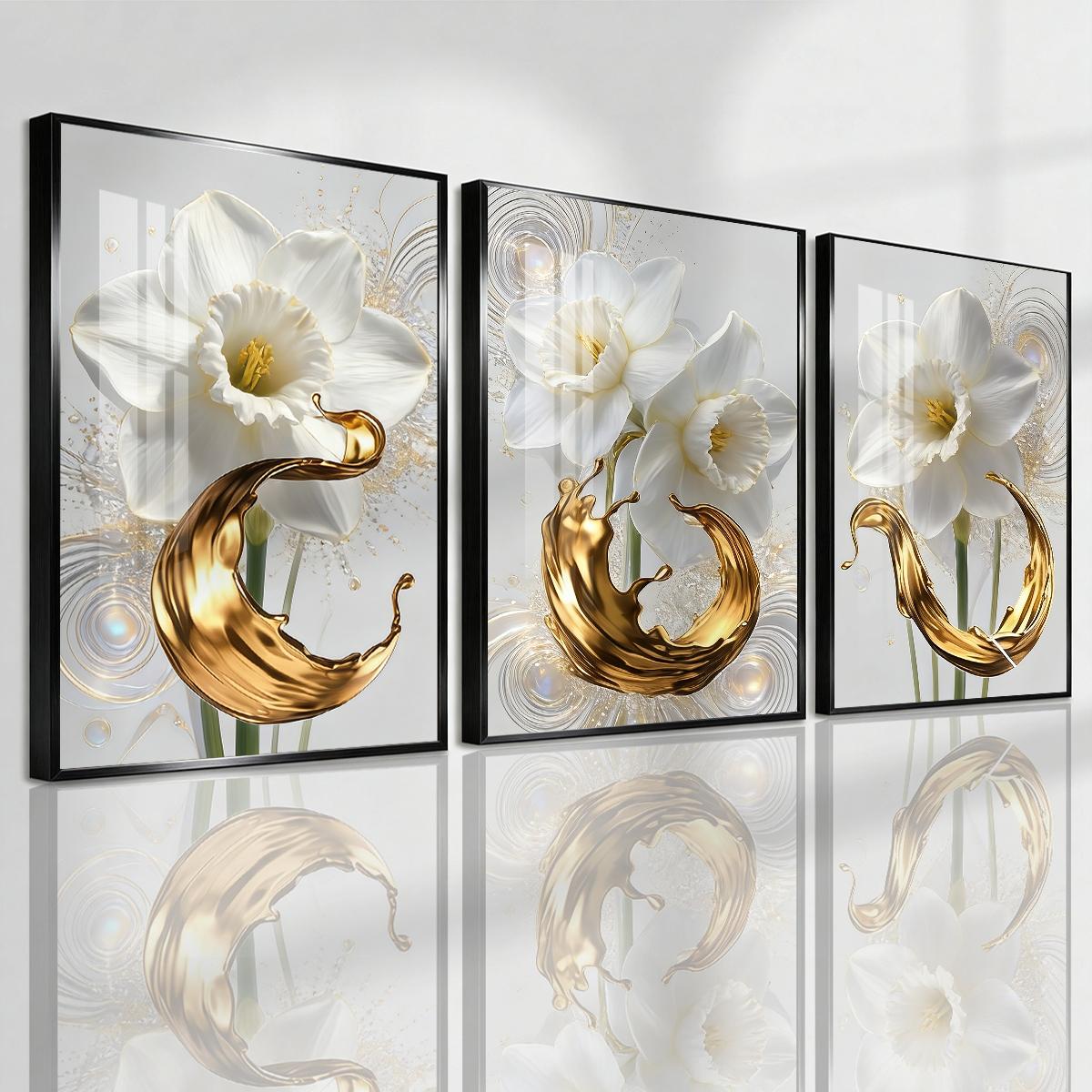 3 Counts Aluminum Alloy Framed Painting, White Daffodil Flowers With Golden Liquid Art Pictures, Home Decoration For Living Room, Bedroom, Office, Restaurant, Hallway Wall Decor, Odorless Print Artwork, Luxury Perfect Gift For Friends And Family