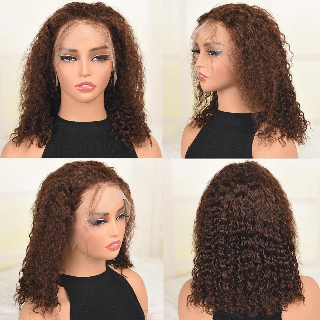 Chocolate Brown Curly Bob Transparent Lace Front Wigs Human Hair 180% Density 13x4 Bob Curly Lace Front Wigs Human Hair Pre Plucked for Black Women