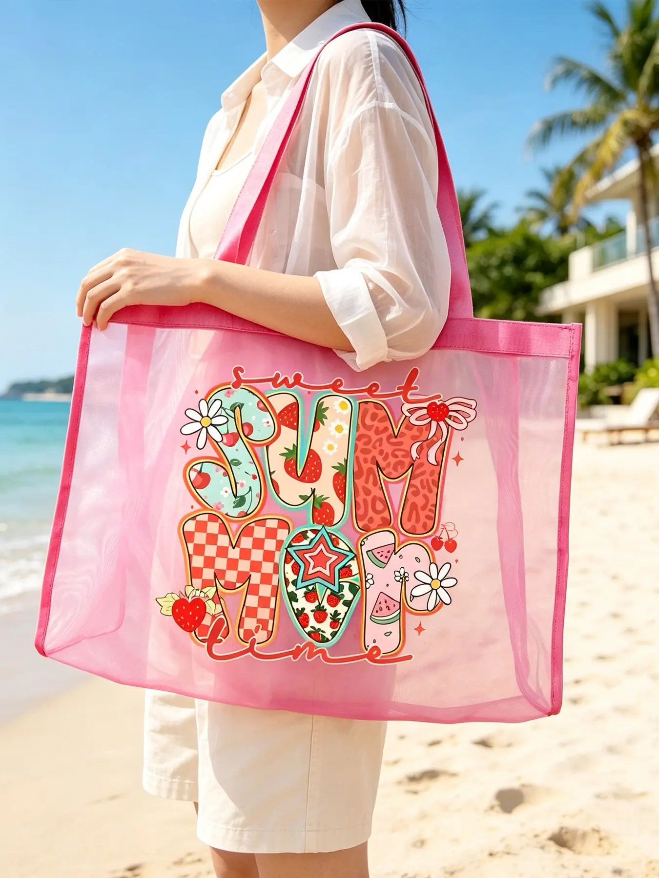 Large Capacity Mesh Bag Set, Cartoon Print, Waterproof Beach Tote, Foldable Swim Bag, Personalized Gift, Mother's Day Present, Summer Use