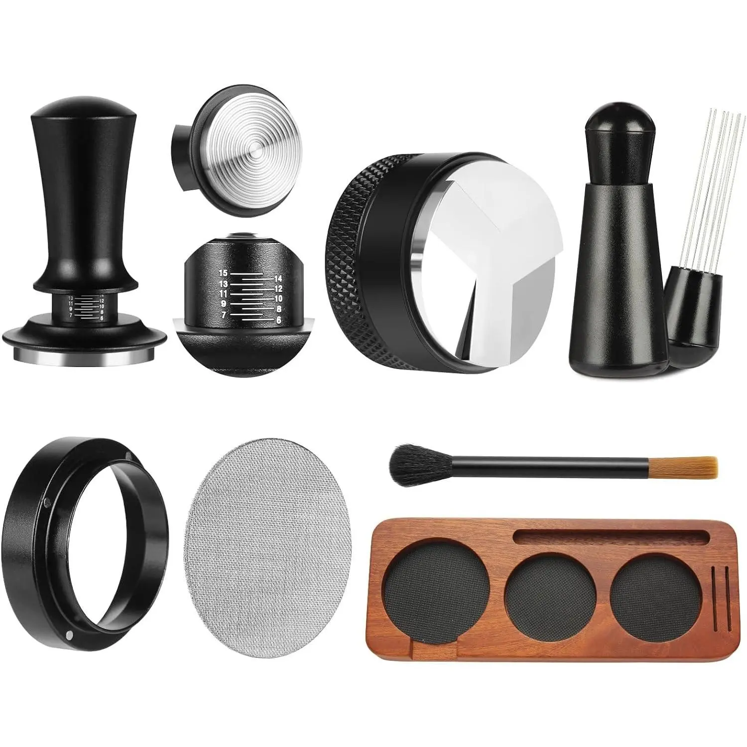 7 PCS Espresso Accessories,Espresso Tamper Tools,WDT Tool Espresso Machine Accessories Kit,Coffee Tamper with Wood Espresso Tamping Station,Distributor,Stirrer,Dosing Funnel,Brush,Puck Screen (54mm)
