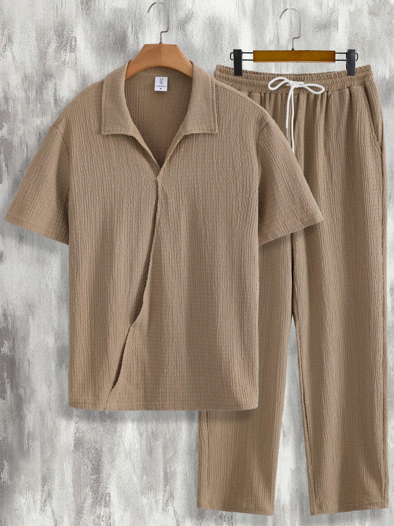 Men's Khaki Textured 2-Piece Loungewear Homewear Set - Short Sleeve Collared Shirt & Drawstring Waist Pants, Lightweight Breathable Fabric, Relaxed Fit for At-Home Lounging, Lazy Weekends & Casual Evenings