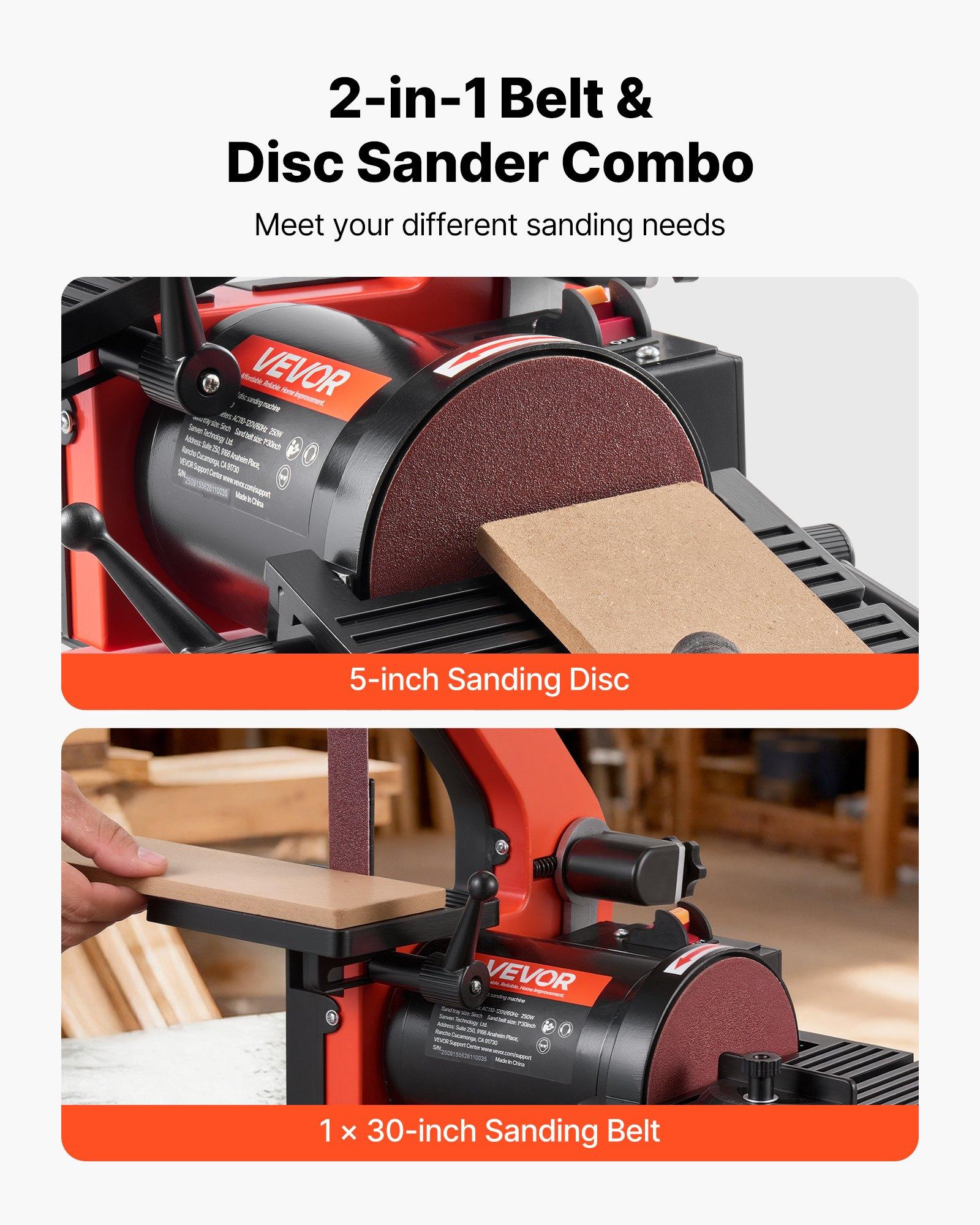 VEVOR Benchtop Disc Sander Combo, 5 inch Disc & 1" x 30" Belt Sander, 250W Power, 0-45 Adjustable Worktable, Dust Collection Ports for Woodworking, DIY Projects