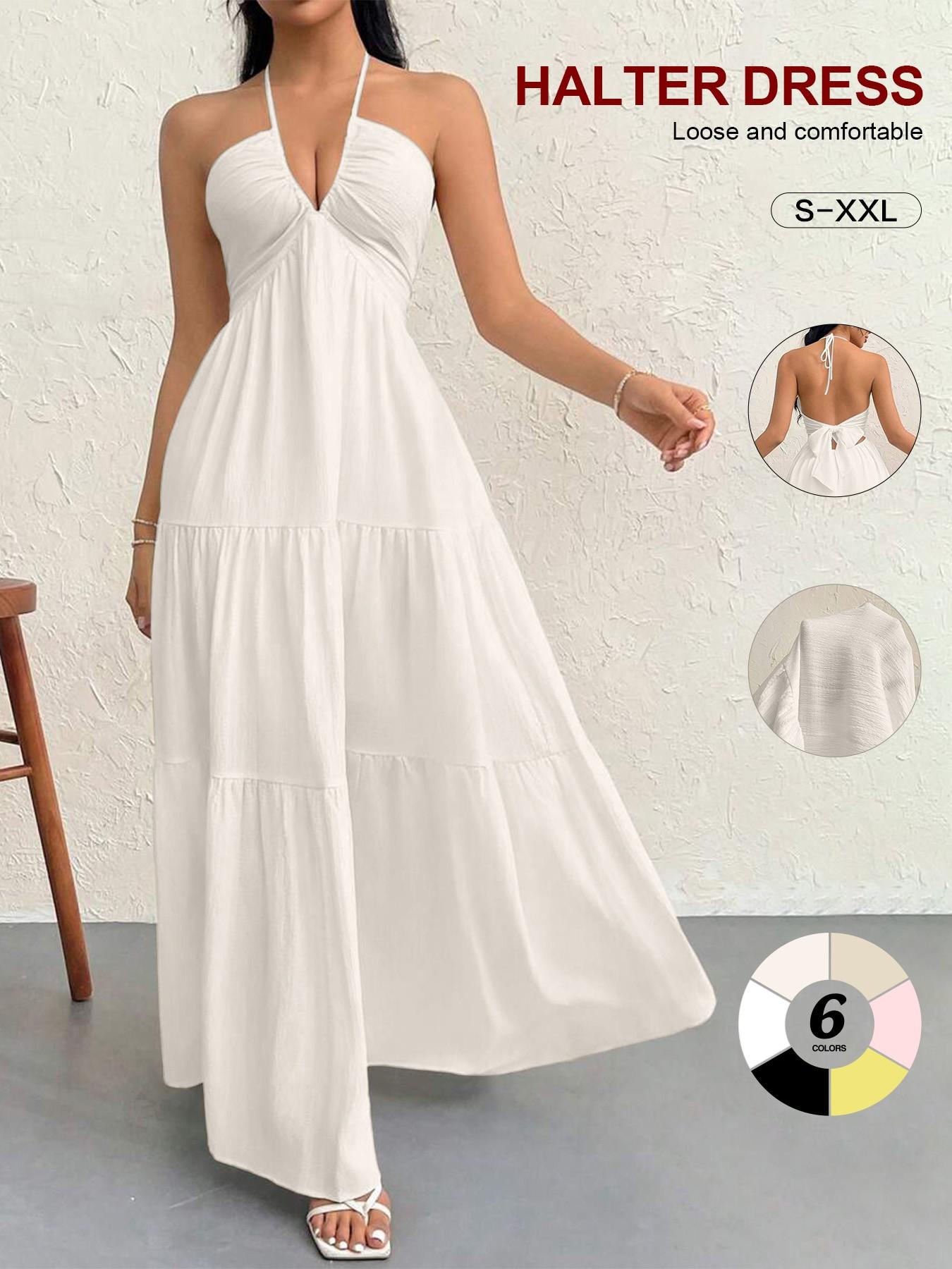 Women Halter V Neck Maxi Dress, Ruched Bust Empire Waist, Tiered Flowy Long Dress, Sleeveless Spaghetti Strap, Beach Vacation Sundress, Casual, Elegance