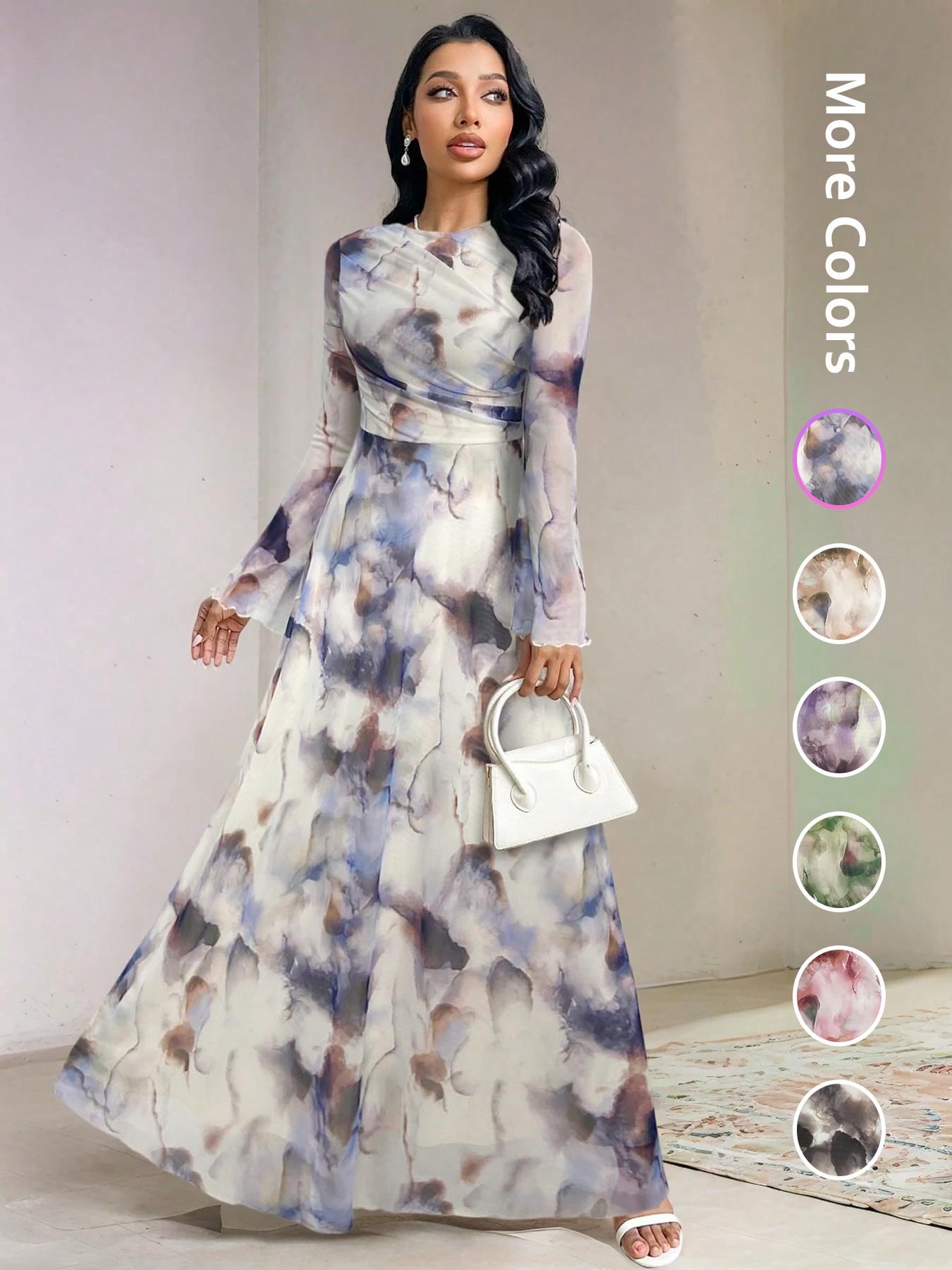 Elegant Women's Tie-Dye Print Long Sleeve Round Neck Maxi Dress, Party Wear Formal Gown, Ladies Fashionable Chic Evening Dresses